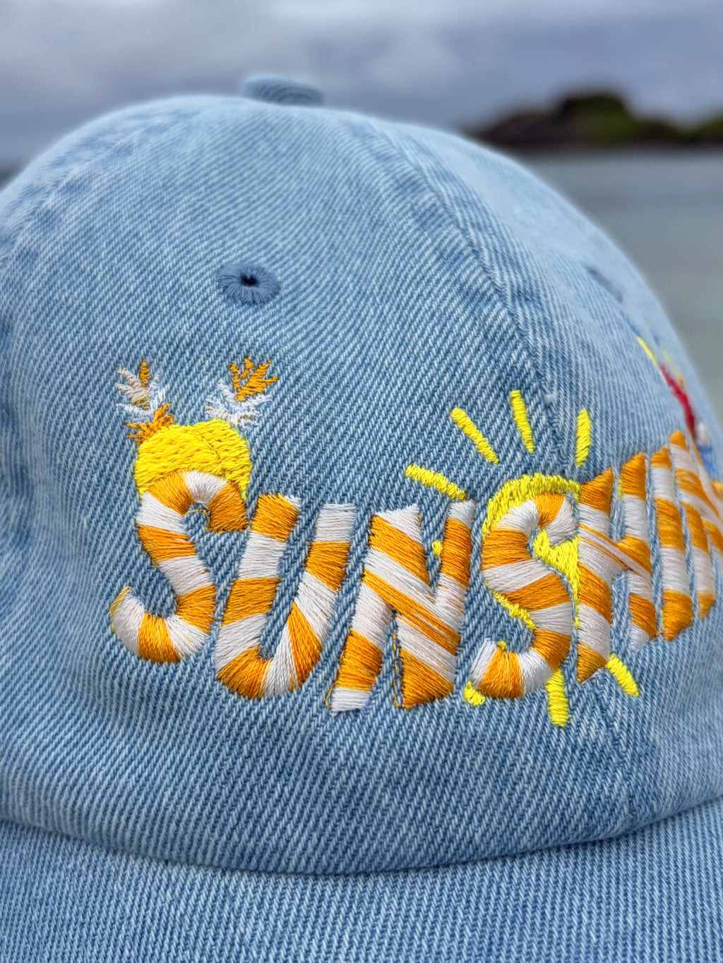 Sunshine 3D Embroidered Denim Dad Hat | Summer Beach Cap Aesthetic | Tropical Vacation Hat