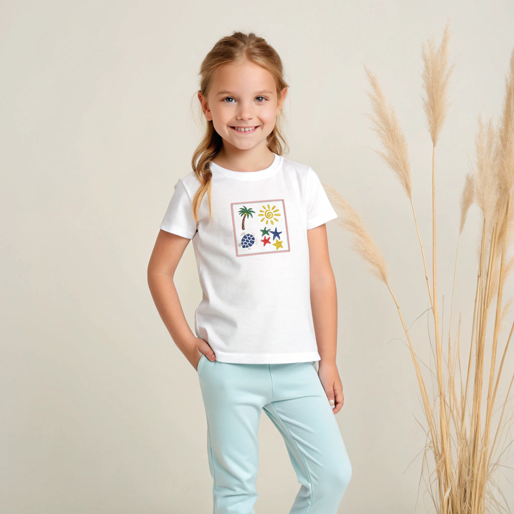 Sun Beach Ocean Summer Embroidered Premium T shirt | Matching Set Adults and Kids