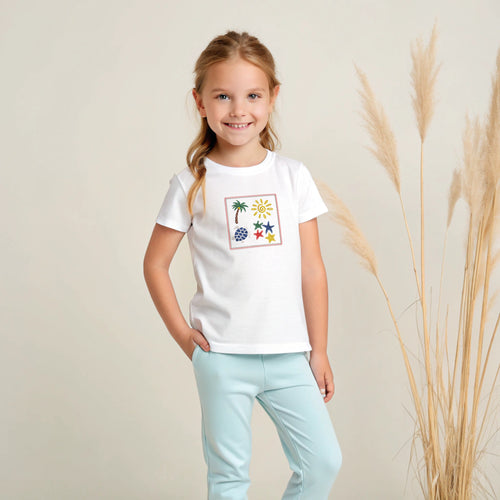 Sun Beach Ocean Summer Embroidered Premium T shirt | Matching Set Adults and Kids