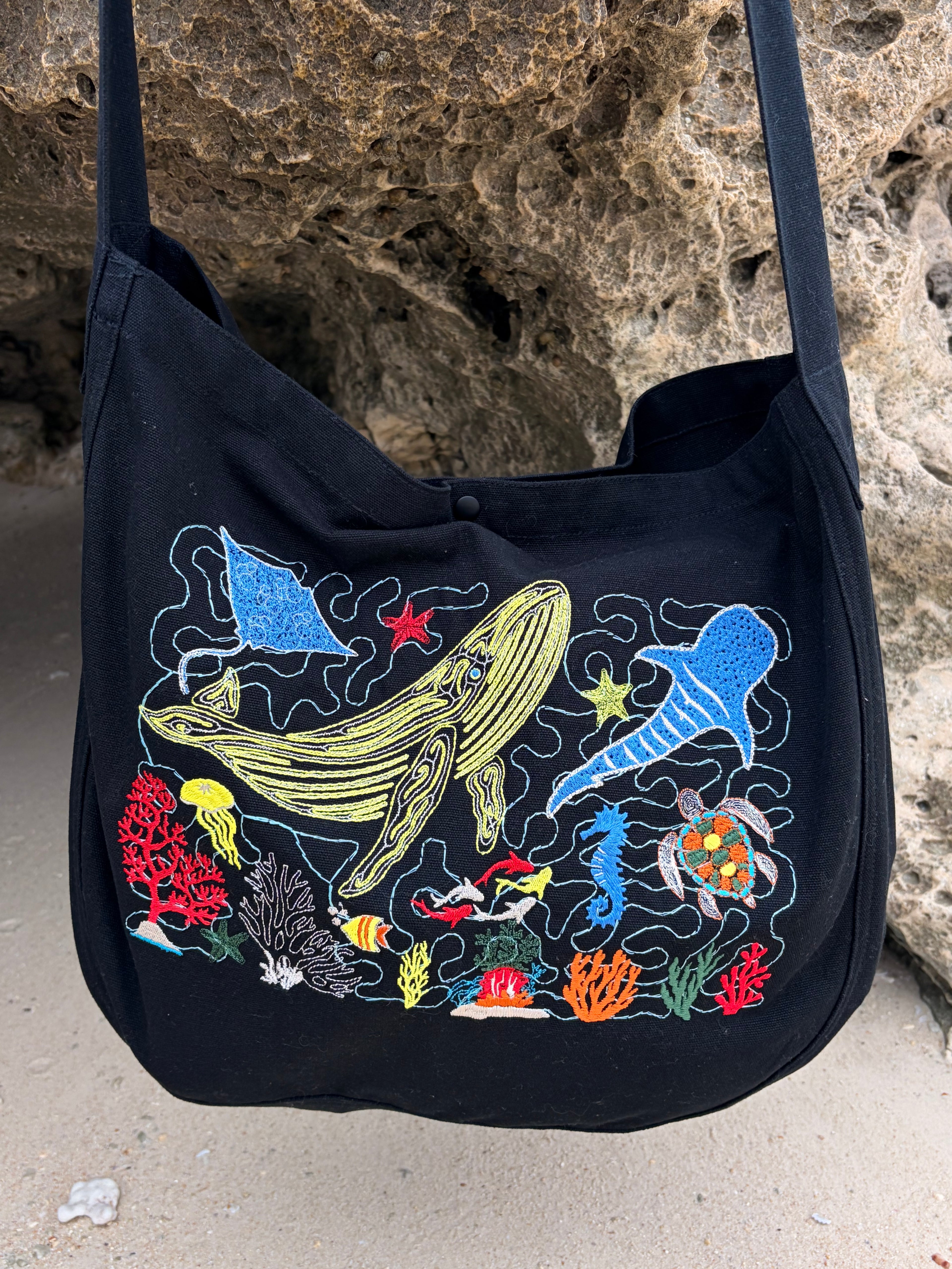 Nautical Beach Bag Embroidered Tote Bag 20L | Ocean Life Canvas Shoulder Bag | Coastal Vacation Tote