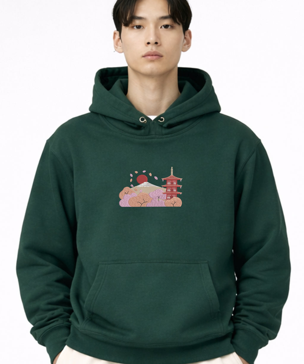 Andrew Joyce forest green 450gsm heavyweight pullover hoodie featuring multi-tone textured embroidery and double-stitched hood.Golden bonsai front, Chureito Pagoda with Mount Fuji back embroideries
