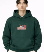 Andrew Joyce forest green 450gsm heavyweight pullover hoodie featuring multi-tone textured embroidery and double-stitched hood.Golden bonsai front, Chureito Pagoda with Mount Fuji back embroideries