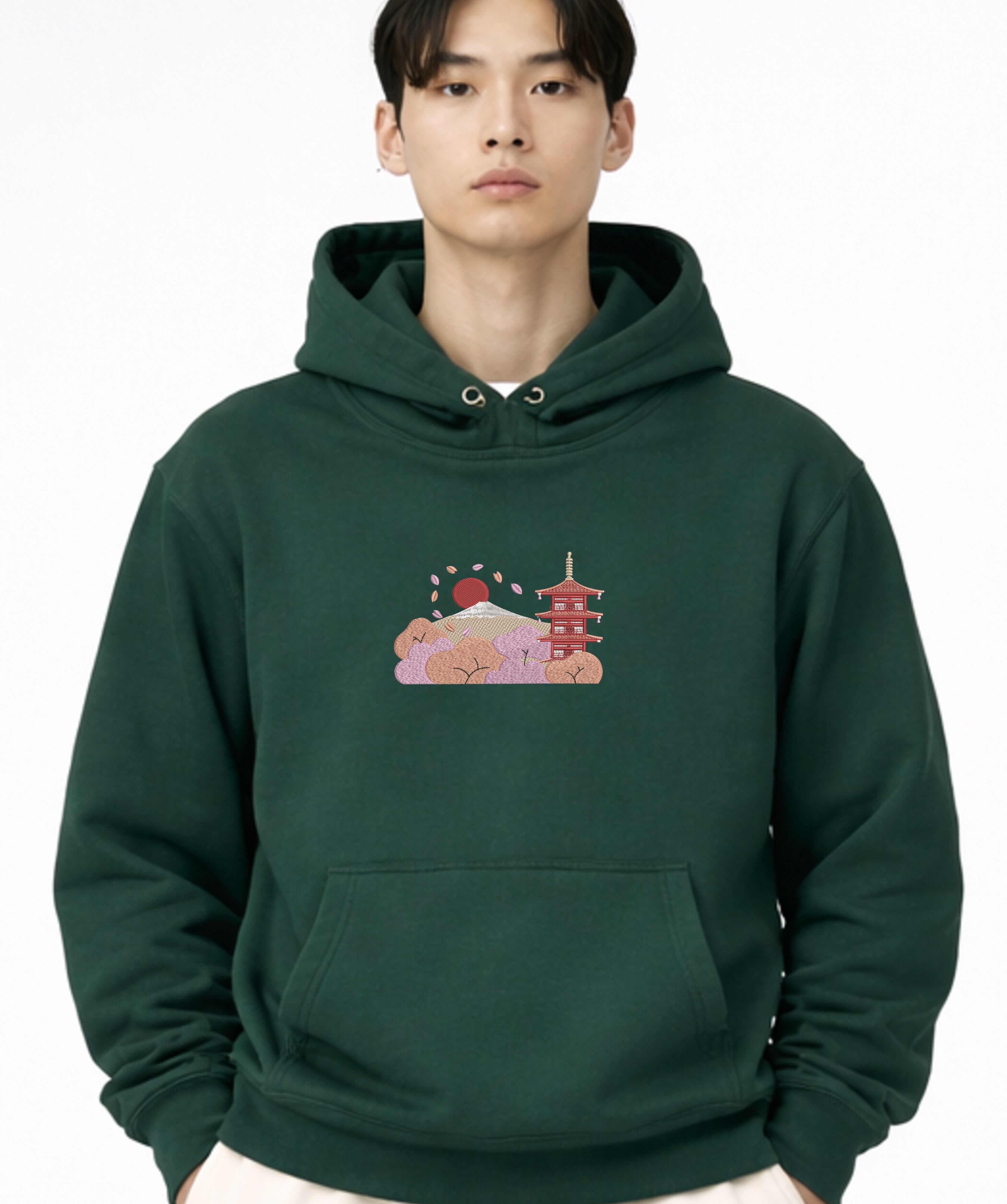 Andrew Joyce forest green 450gsm heavyweight pullover hoodie featuring multi-tone textured embroidery and double-stitched hood.Golden bonsai front, Chureito Pagoda with Mount Fuji back embroideries