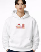 Andrew Joyce cream white 450gsm heavyweight pullover hoodie featuring multi-tone textured embroidery and double-stitched hood.Golden bonsai front, Chureito Pagoda with Mount Fuji back embroideries