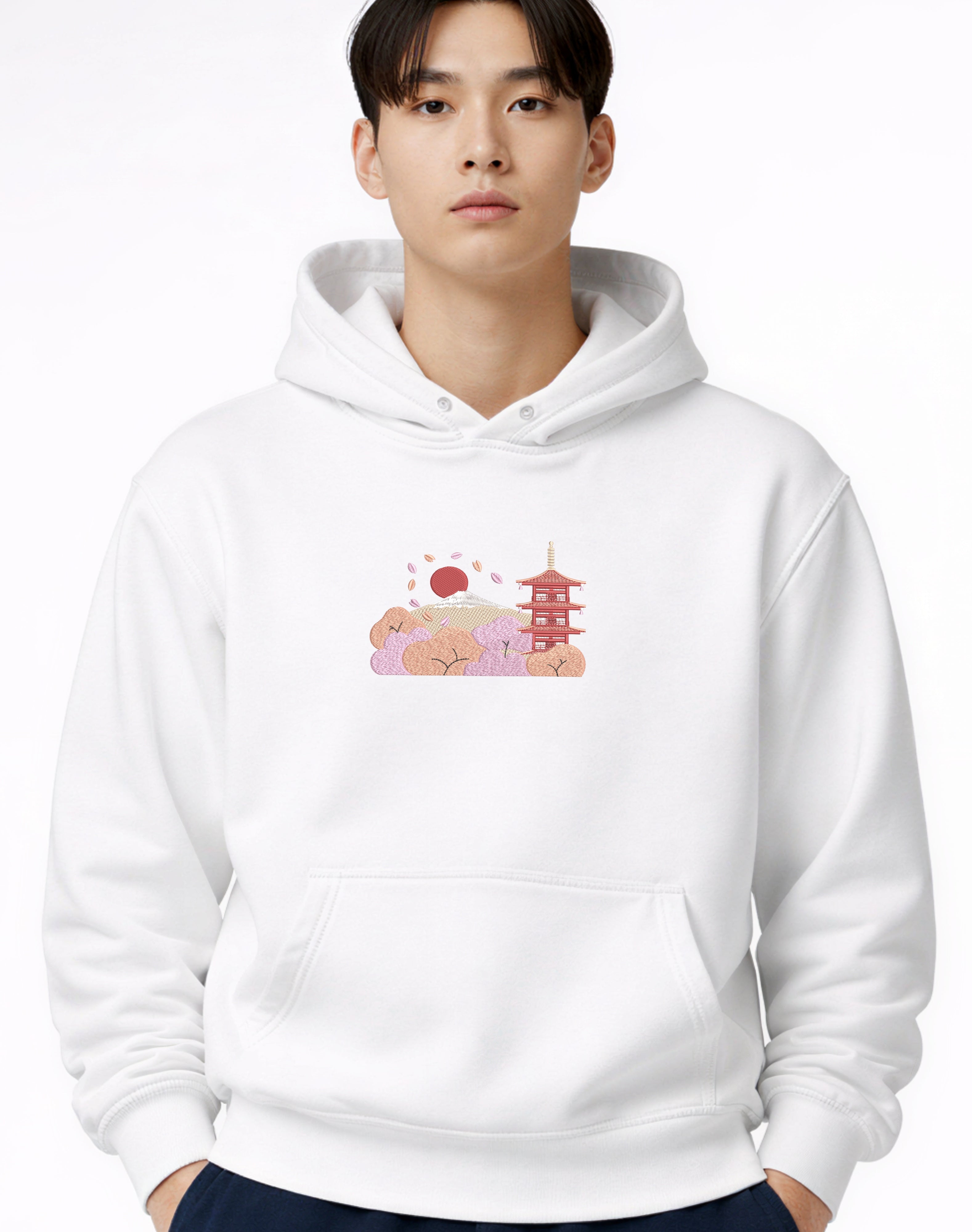 Andrew Joyce cream white 450gsm heavyweight pullover hoodie featuring multi-tone textured embroidery and double-stitched hood.Golden bonsai front, Chureito Pagoda with Mount Fuji back embroideries