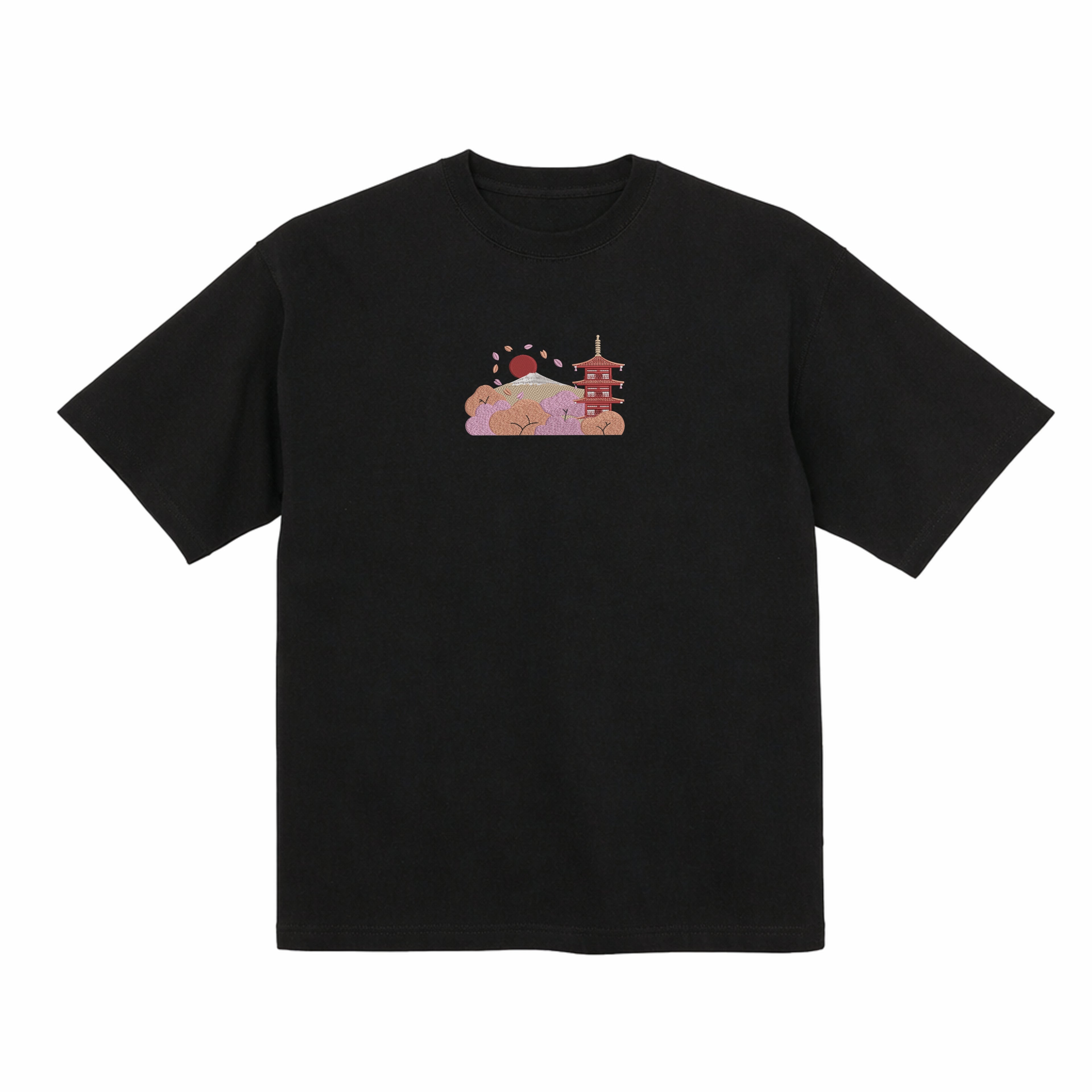 Andrew Joyce limited edition 300gsm white organic cotton T-shirt featuring high-density Japanese  Chureito Fuji Pagoda embroidery.