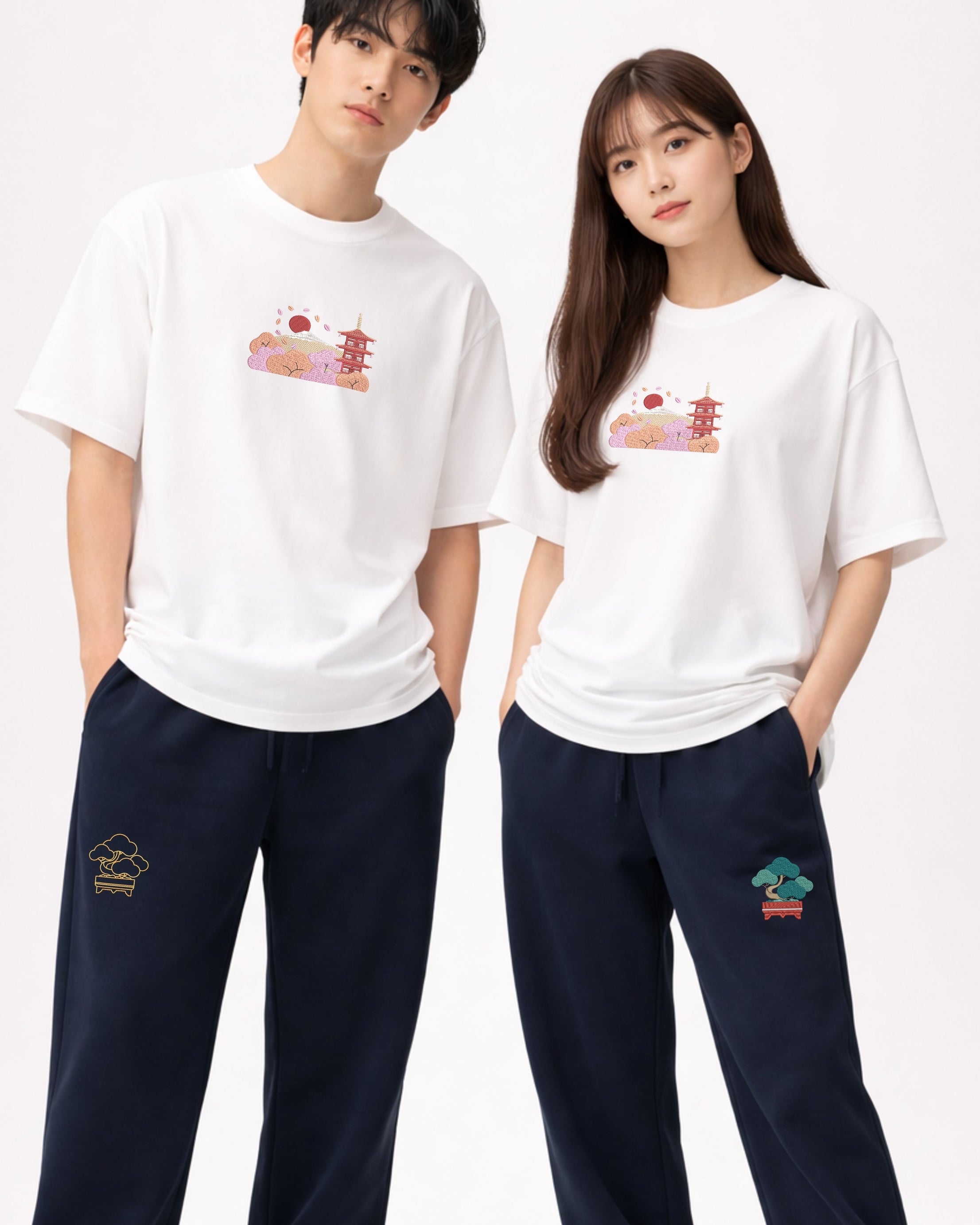 Andrew Joyce limited edition 300gsm white organic cotton T-shirt featuring high-density Japanese  Chureito Fuji Pagoda embroidery.