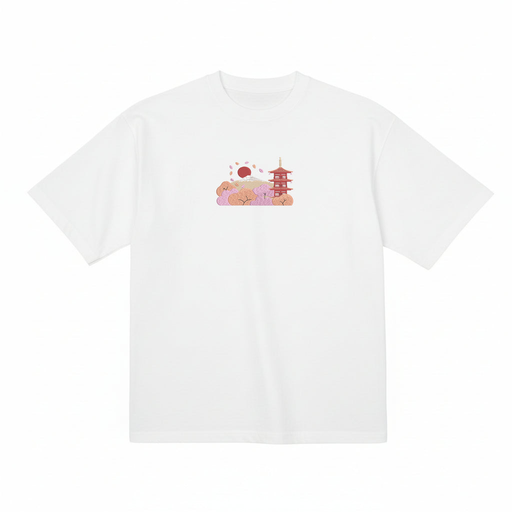 Andrew Joyce limited edition 300gsm white organic cotton T-shirt featuring high-density Japanese  Chureito Fuji Pagoda embroidery.