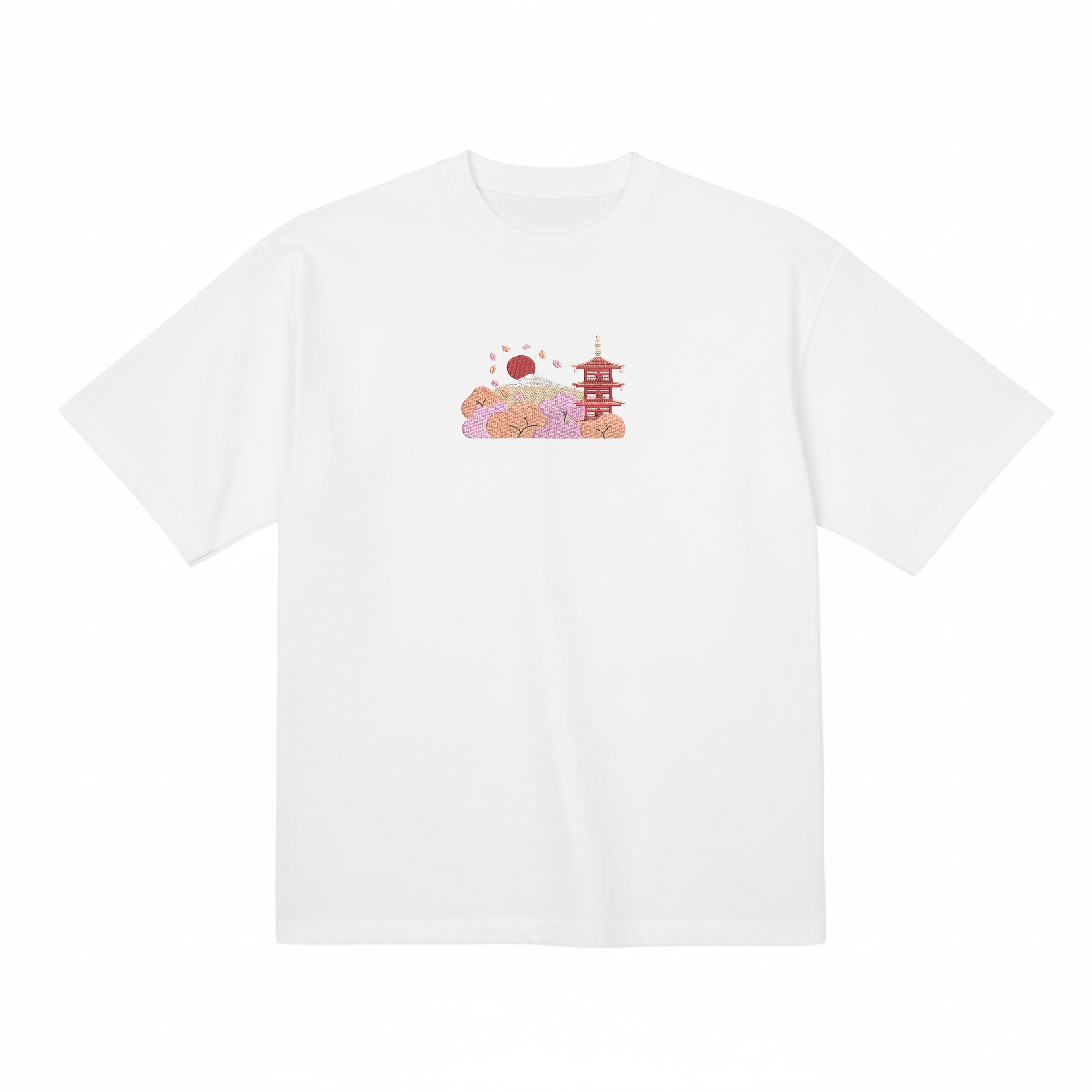 Andrew Joyce limited edition 300gsm white organic cotton T-shirt featuring high-density Japanese  Chureito Fuji Pagoda embroidery.
