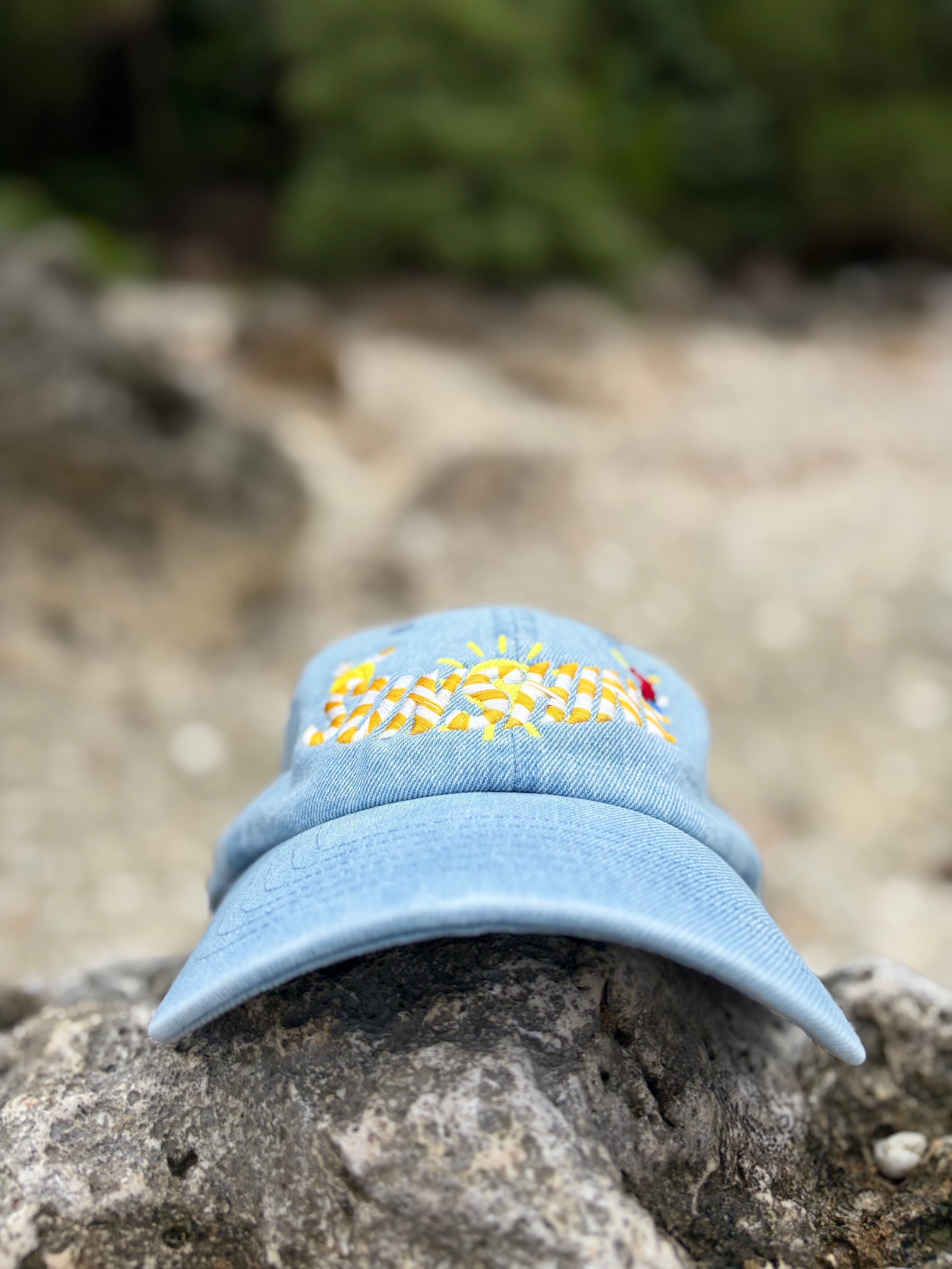 Sunshine 3D Embroidered Denim Dad Hat | Summer Beach Cap Aesthetic | Tropical Vacation Hat