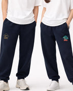 Detail shot of Andrew Joyce bespoke embroidery on 300gsm navy cotton sweatpants with Bonsai textured stitch finish.