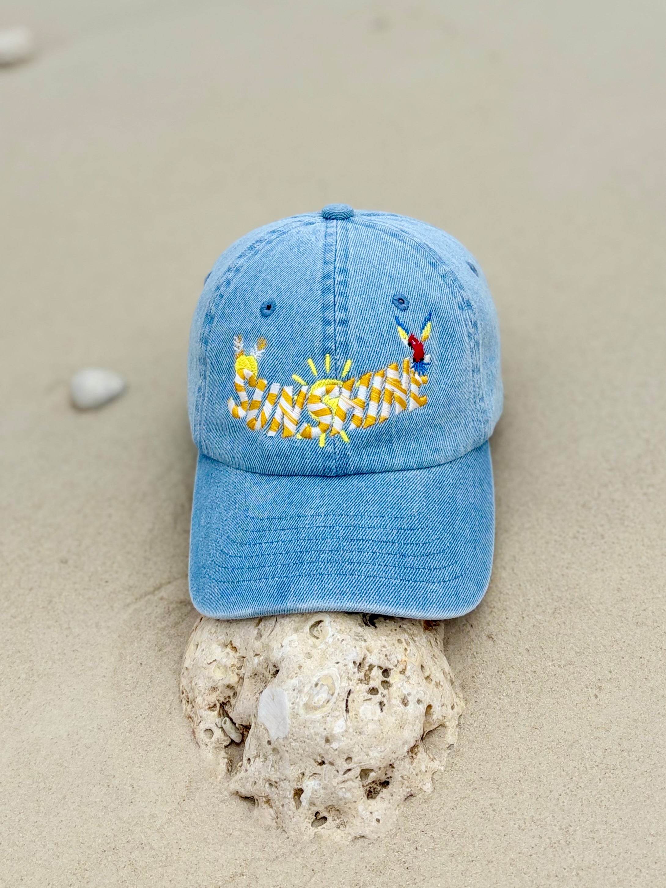 Sunshine 3D Embroidered Denim Dad Hat | Summer Beach Cap Aesthetic | Tropical Vacation Hat