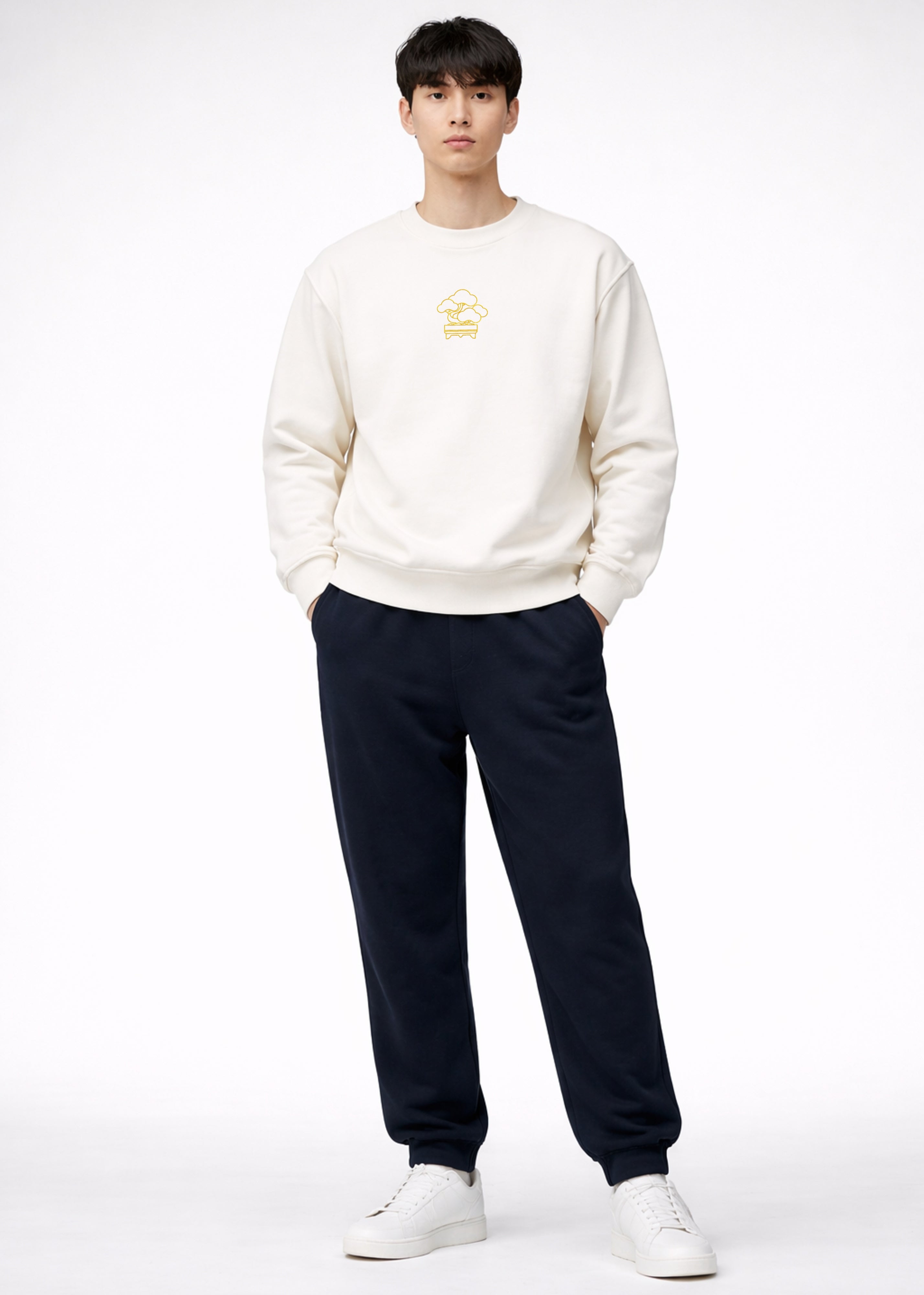 Front view of Japanese Bonsai Andrew Joyce limited edition 450gsm navy sweatshirt with high-fidelity embroidery and multi-dimensional stitch textures.