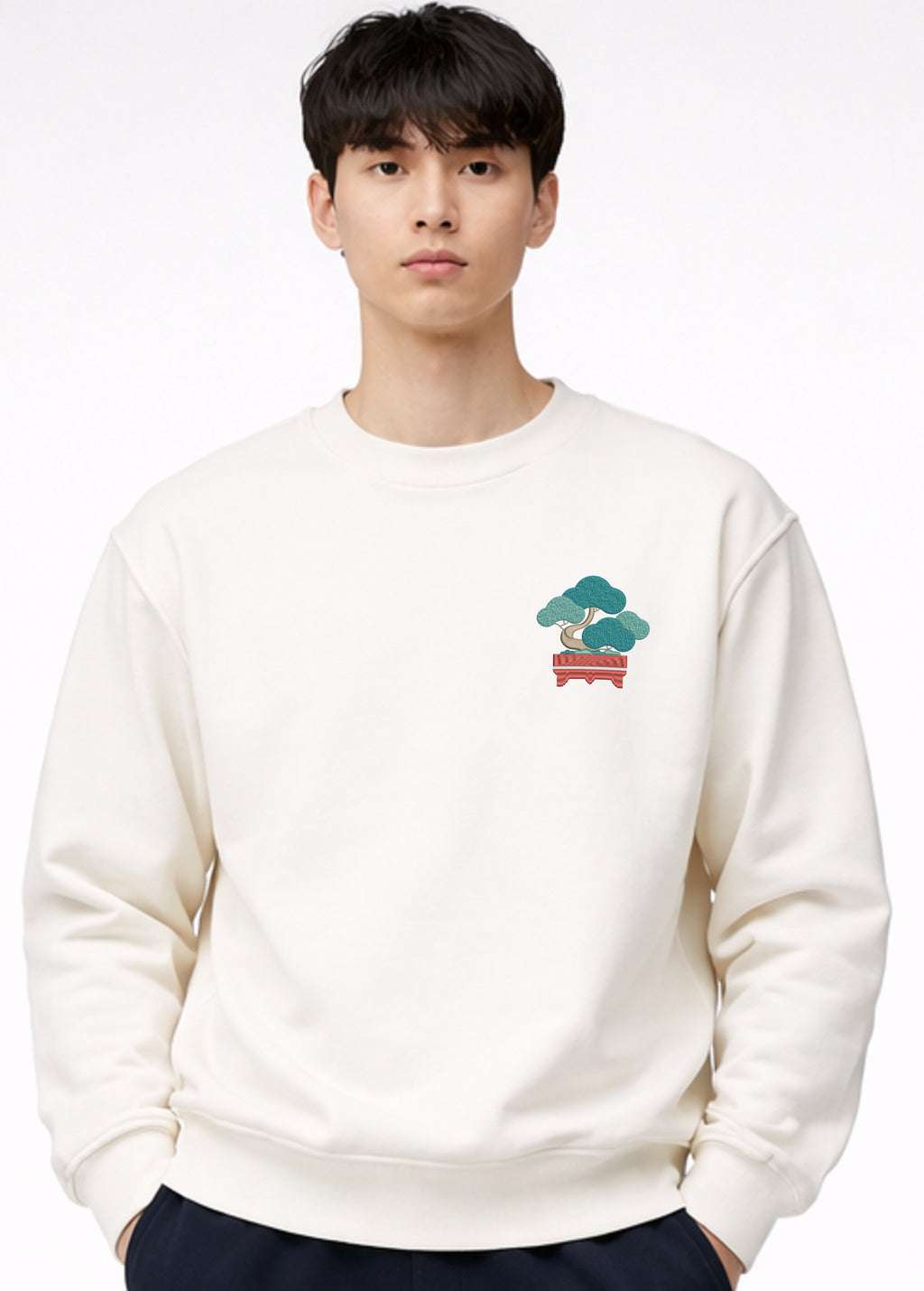 Front view of Japanese Bonsai Andrew Joyce limited edition 450gsm navy sweatshirt with high-fidelity embroidery and multi-dimensional stitch textures.