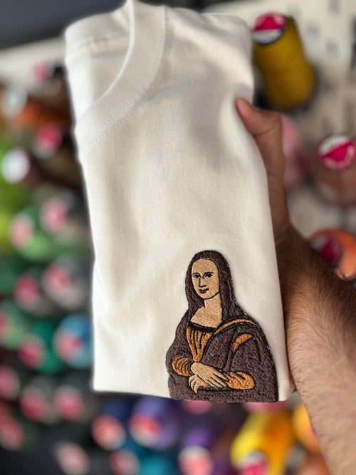 Camiseta bordada de algodón premium de peso pesado de Mona Lisa Leonardo Da Vinci