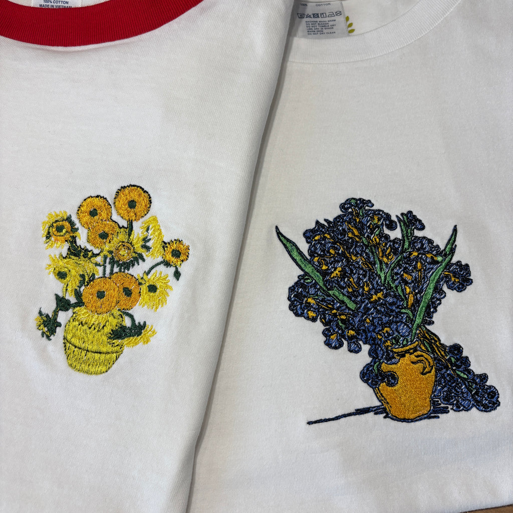 Embroidered Vincent Van Gogh Iris vase Premium Cotton Heavyweight T shirt