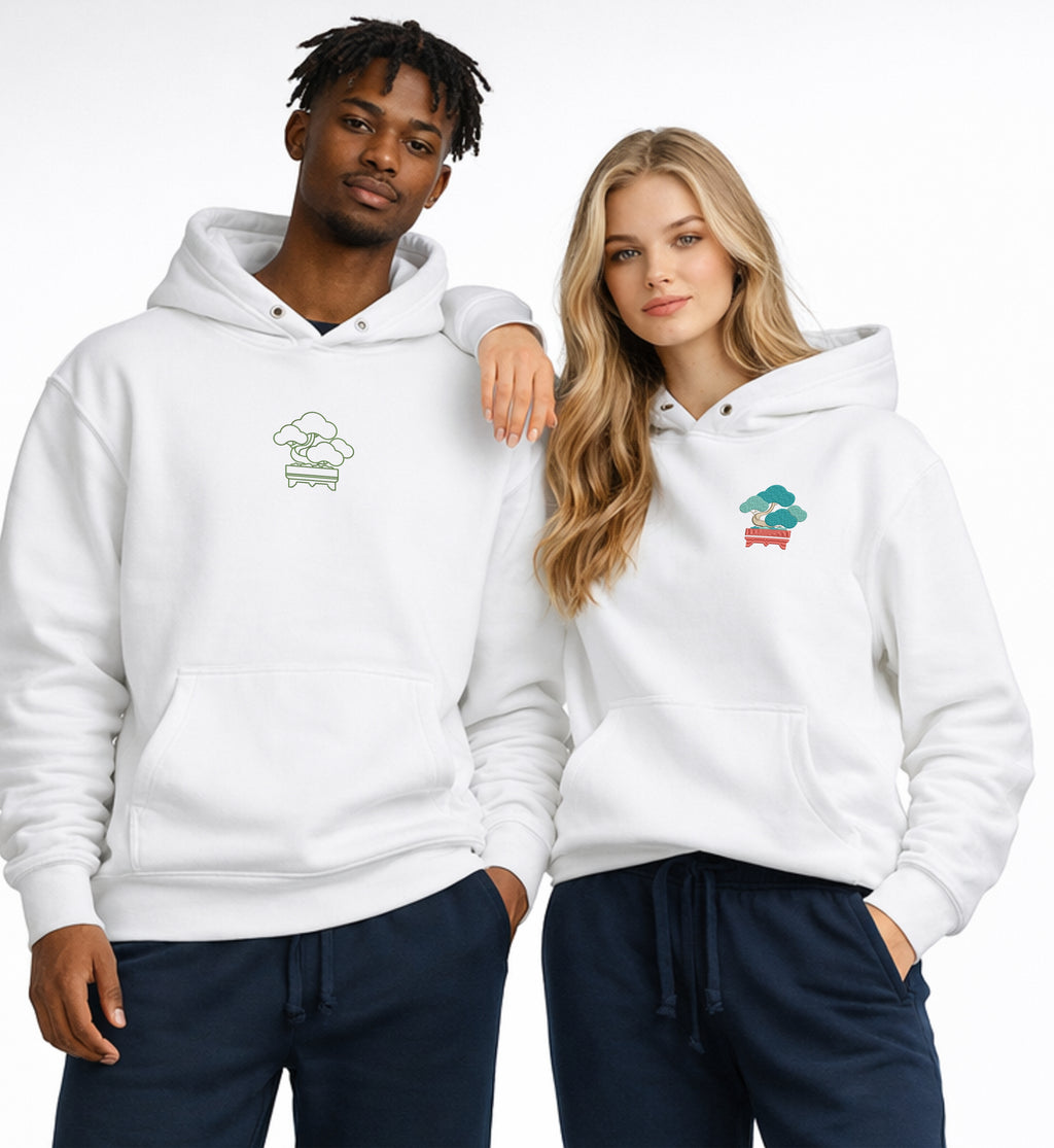 Andrew Joyce forest green 450gsm heavyweight pullover hoodie featuring multi-tone textured embroidery and double-stitched hood.Japanese Bonsai embroidery selectable minimal gold line art or textured finish