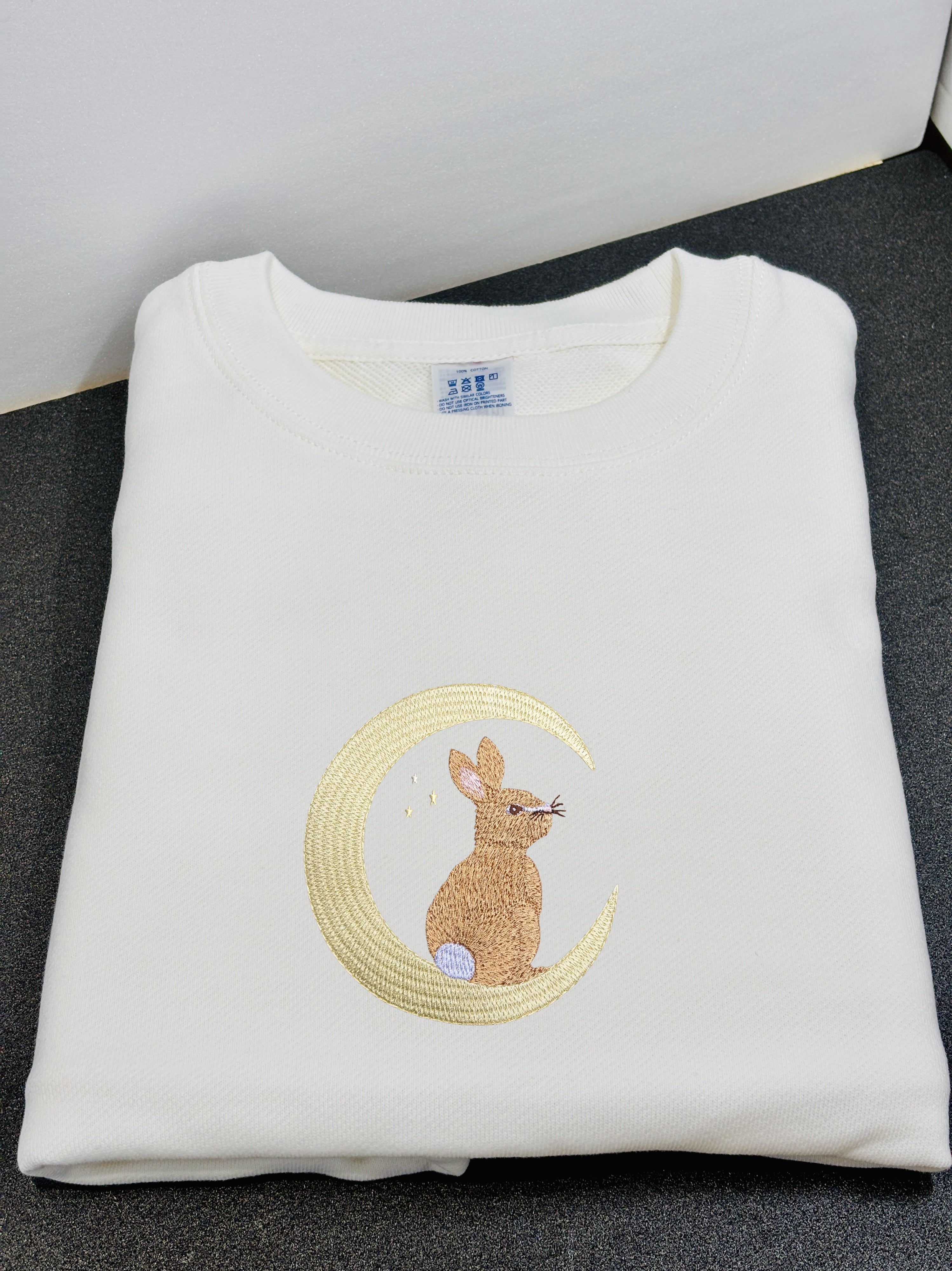 Moonlight Bunny Embroidered 450GSM Heavyweight Pullover Hoodie Sweatshirt