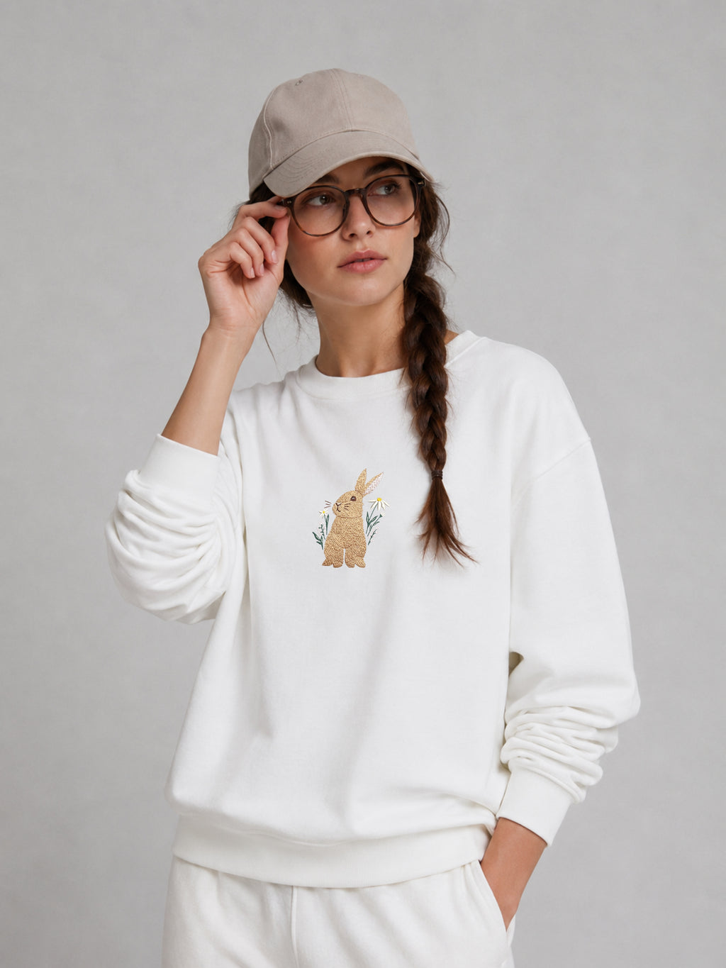 Floral Bunny Embroidered 450GSM Heavyweight Pullover Hoodie Sweatshirt