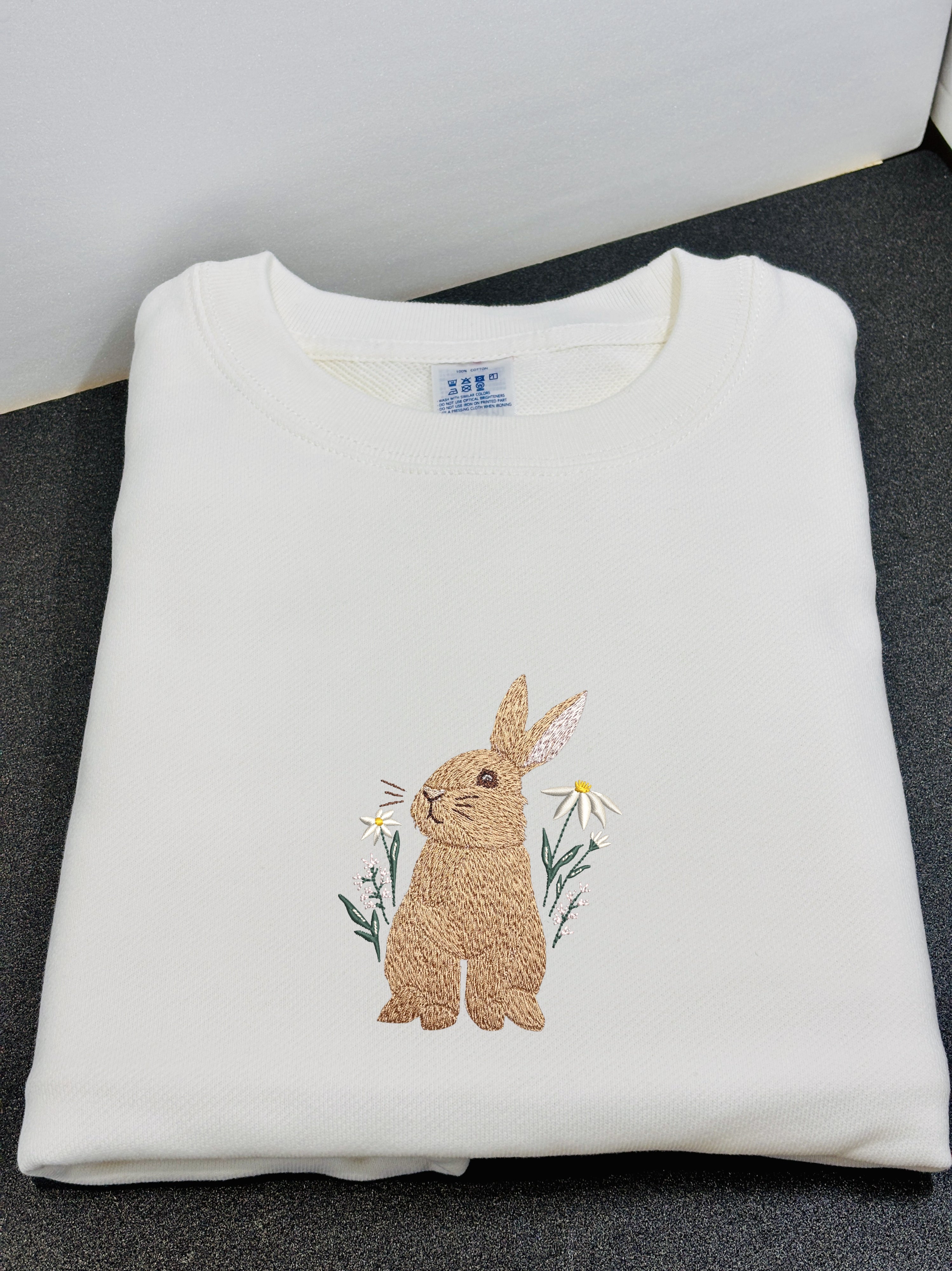 Floral Bunny Embroidered 450GSM Heavyweight Pullover Hoodie Sweatshirt