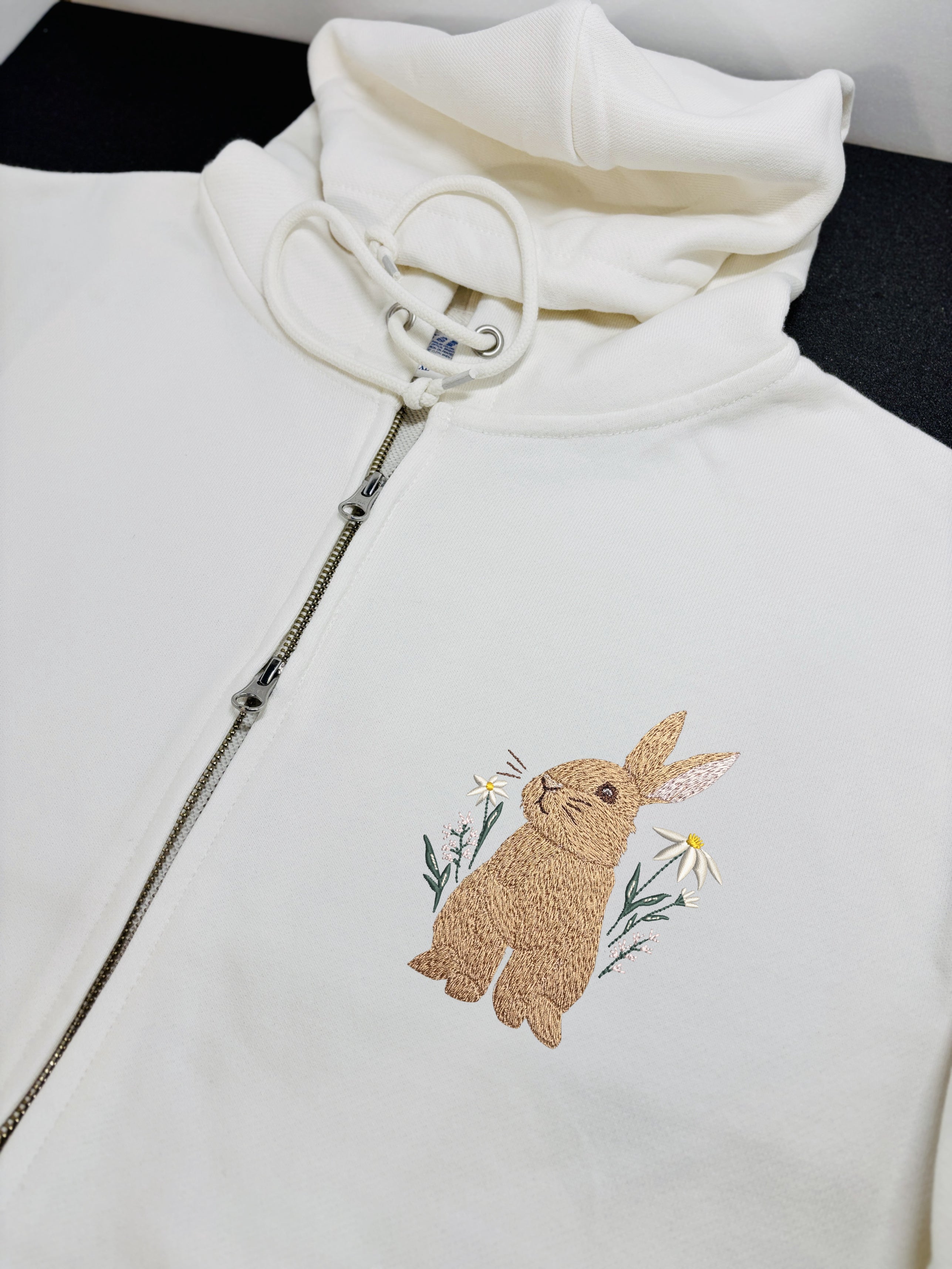 Floral Bunny Embroidered 450GSM Heavyweight Pullover Hoodie Sweatshirt