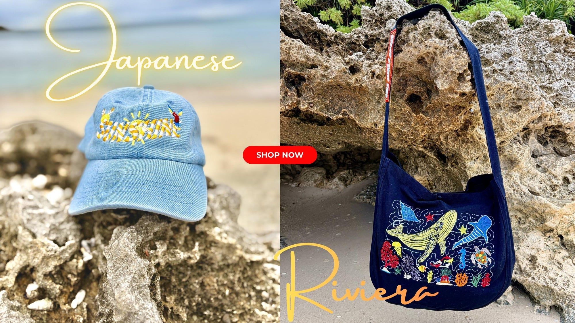 Premium japanese riviera exclusive embroidered summer beach collection of tshirts, bags, hats