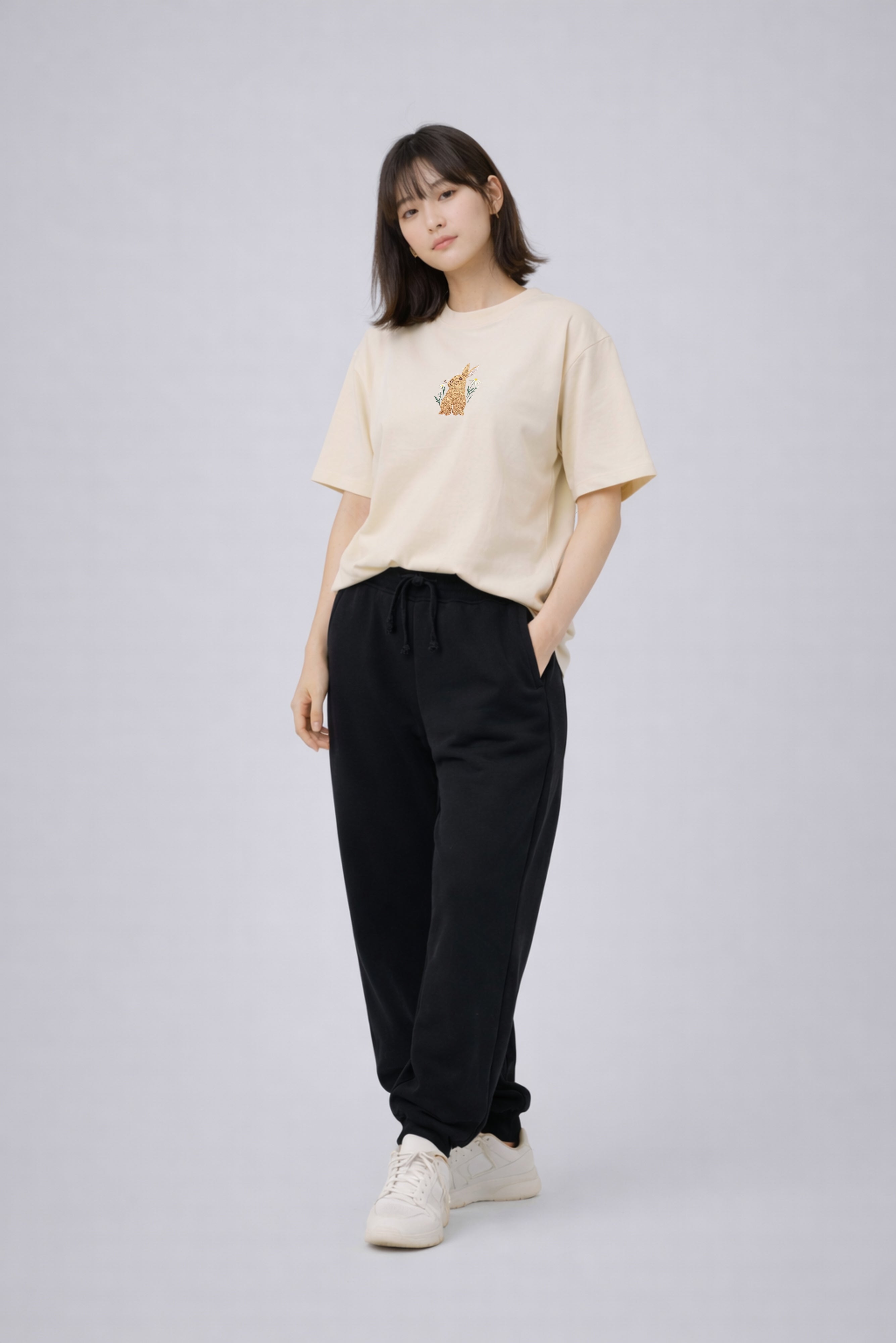 Floral Bunny Embroidered 250 GSM Organic Cotton T shirt | Adults and Kids Matching Set
