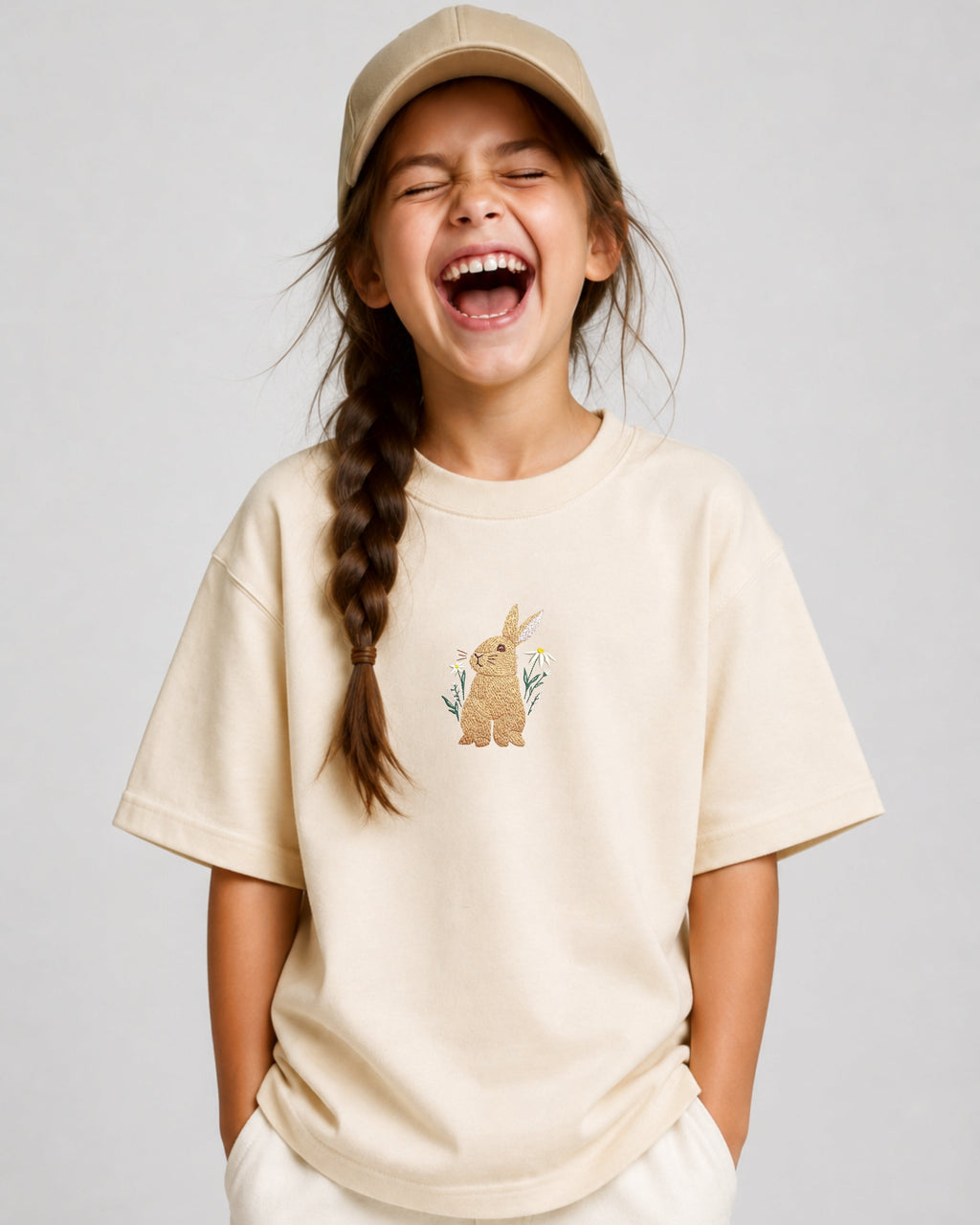 Floral Bunny Embroidered 250 GSM Organic Cotton T shirt | Adults and Kids Matching Set