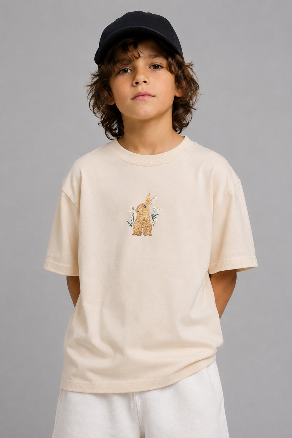 Floral Bunny Embroidered 250 GSM Organic Cotton T shirt | Adults and Kids Matching Set
