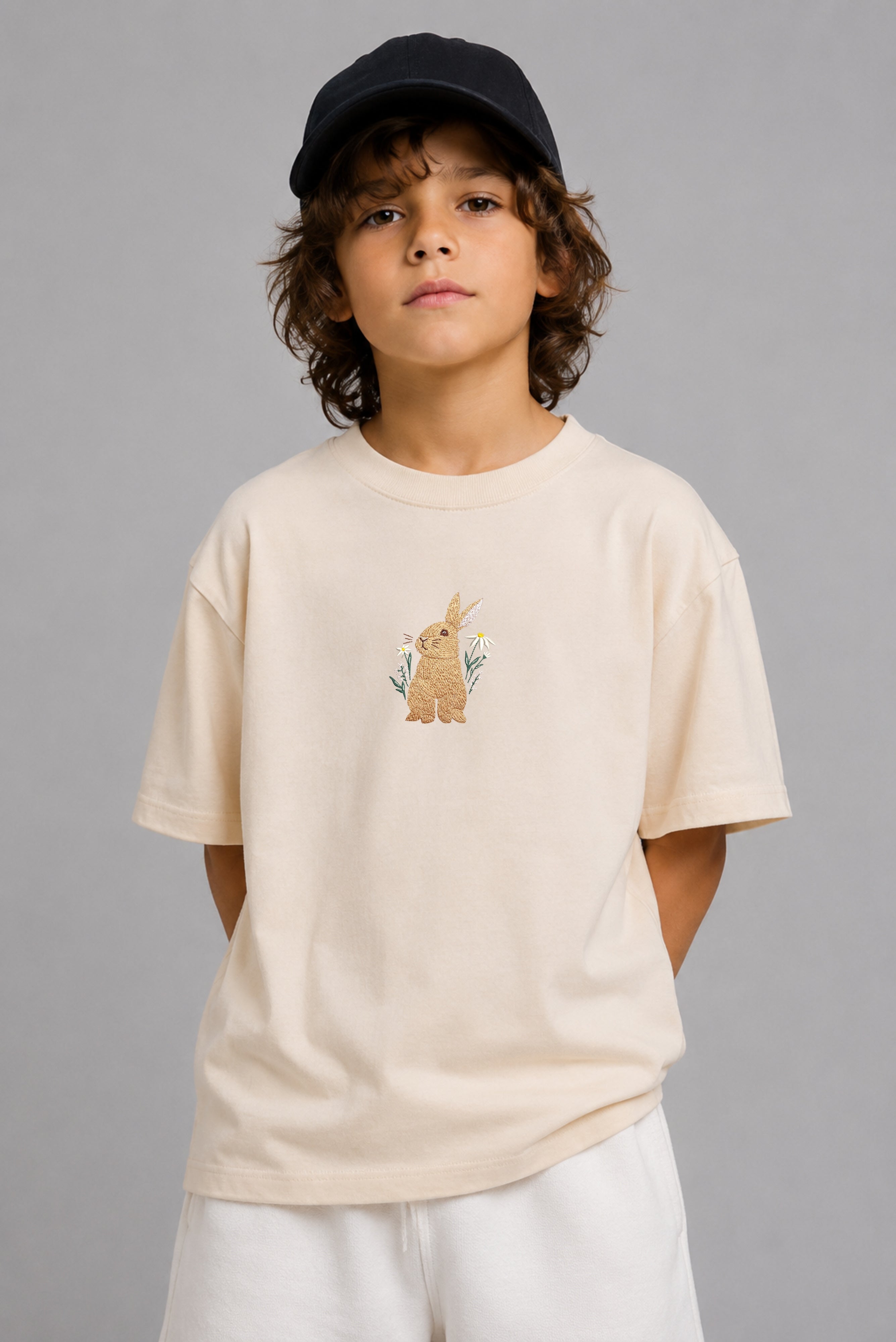 Floral Bunny Embroidered 250 GSM Organic Cotton T shirt | Adults and Kids Matching Set