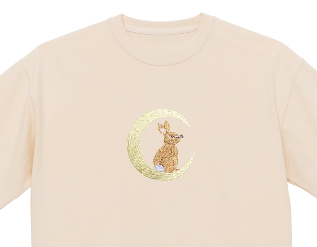 Moonlight Bunny Embroidered 250 GSM Organic Cotton T shirt | Adults and Kids Matching Set