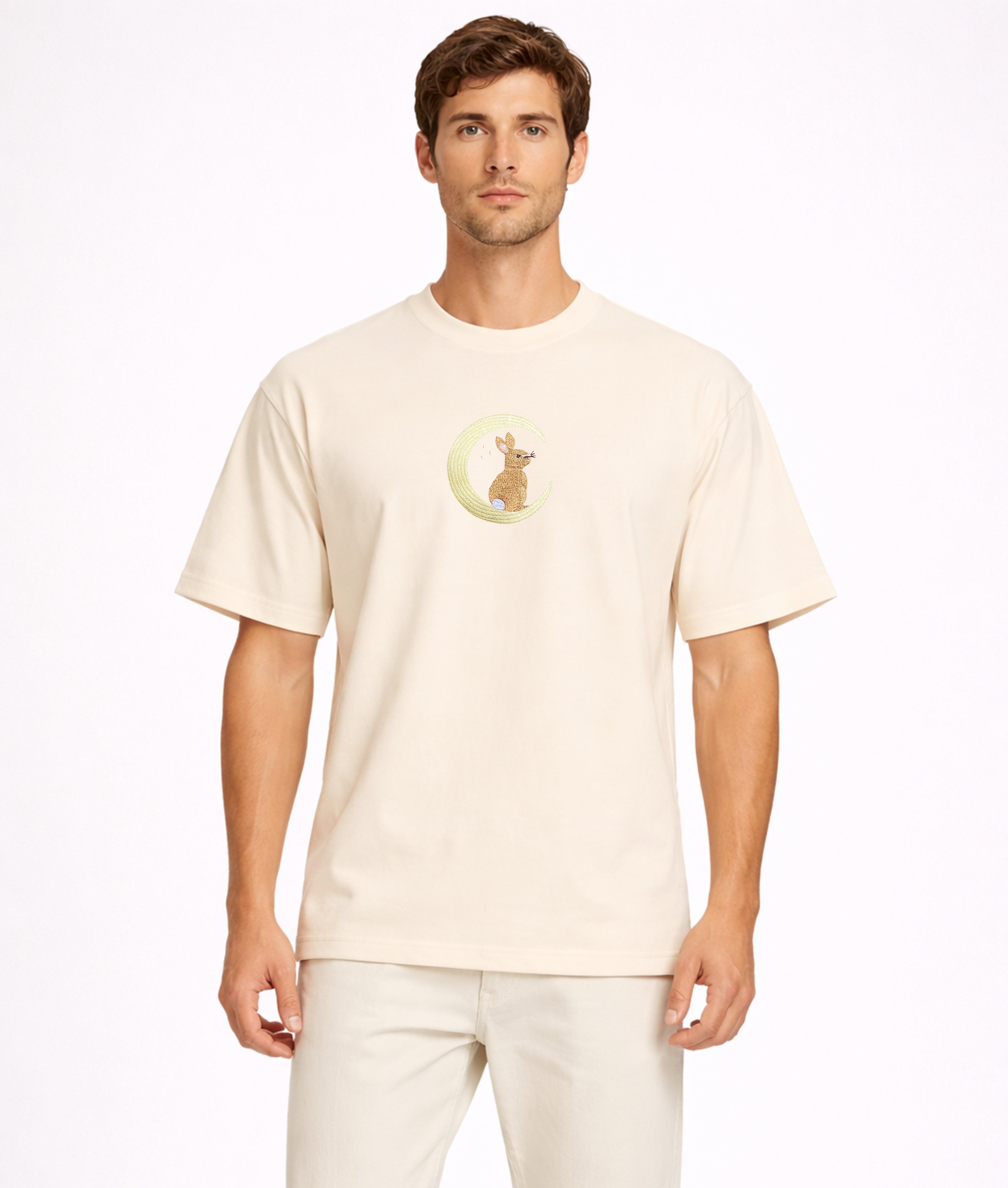 Moonlight Bunny Embroidered 250 GSM Organic Cotton T shirt | Adults and Kids Matching Set