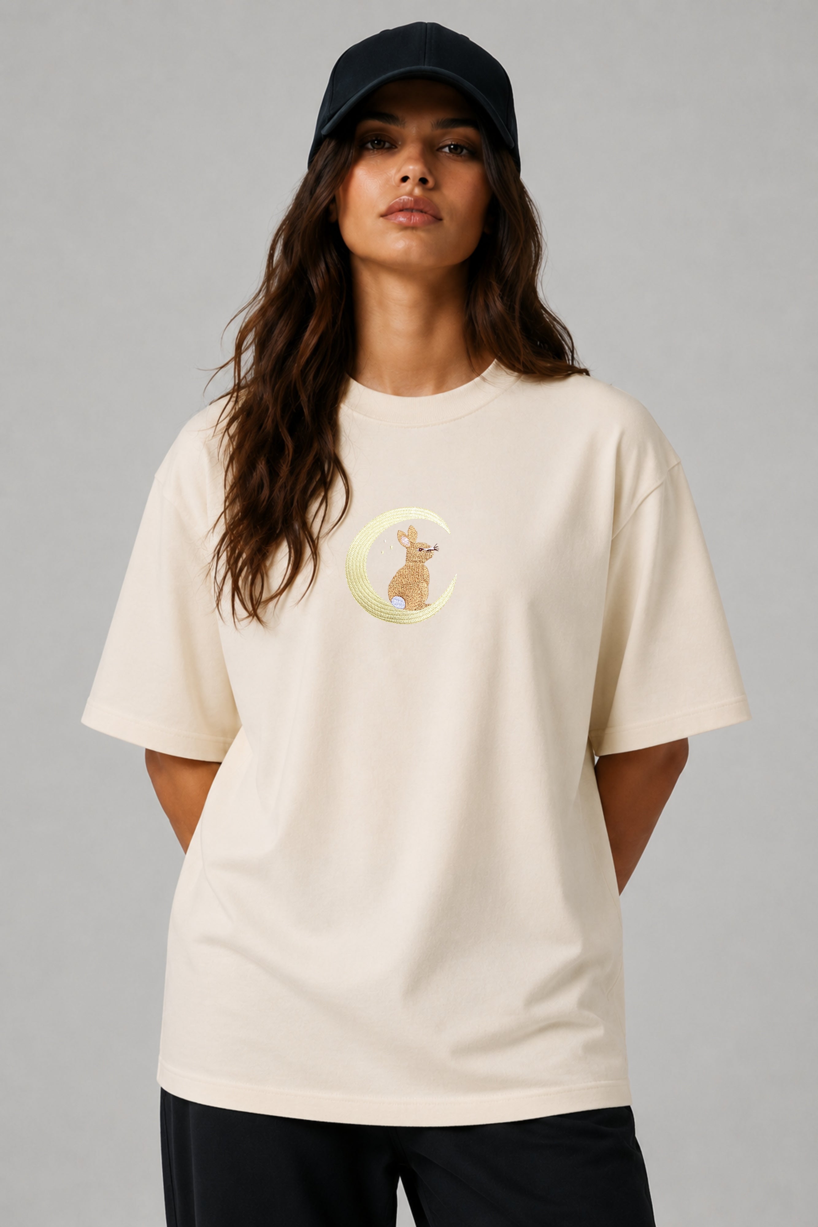 Moonlight Bunny Embroidered 250 GSM Organic Cotton T shirt | Adults and Kids Matching Set