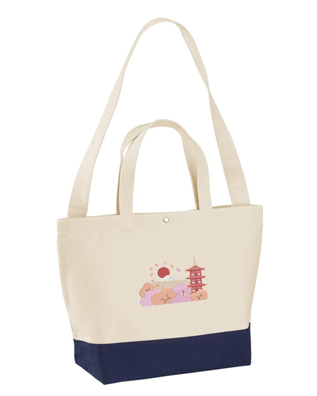 Sustainable 17L two-tone tote bag featuring Andrew Joyce  Chureito Fuji Pagoda embroidered art. Eco-friendly wearable art and exclusive artist merchandise.