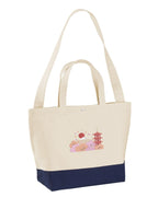 Sustainable 17L two-tone tote bag featuring Andrew Joyce  Chureito Fuji Pagoda embroidered art. Eco-friendly wearable art and exclusive artist merchandise.