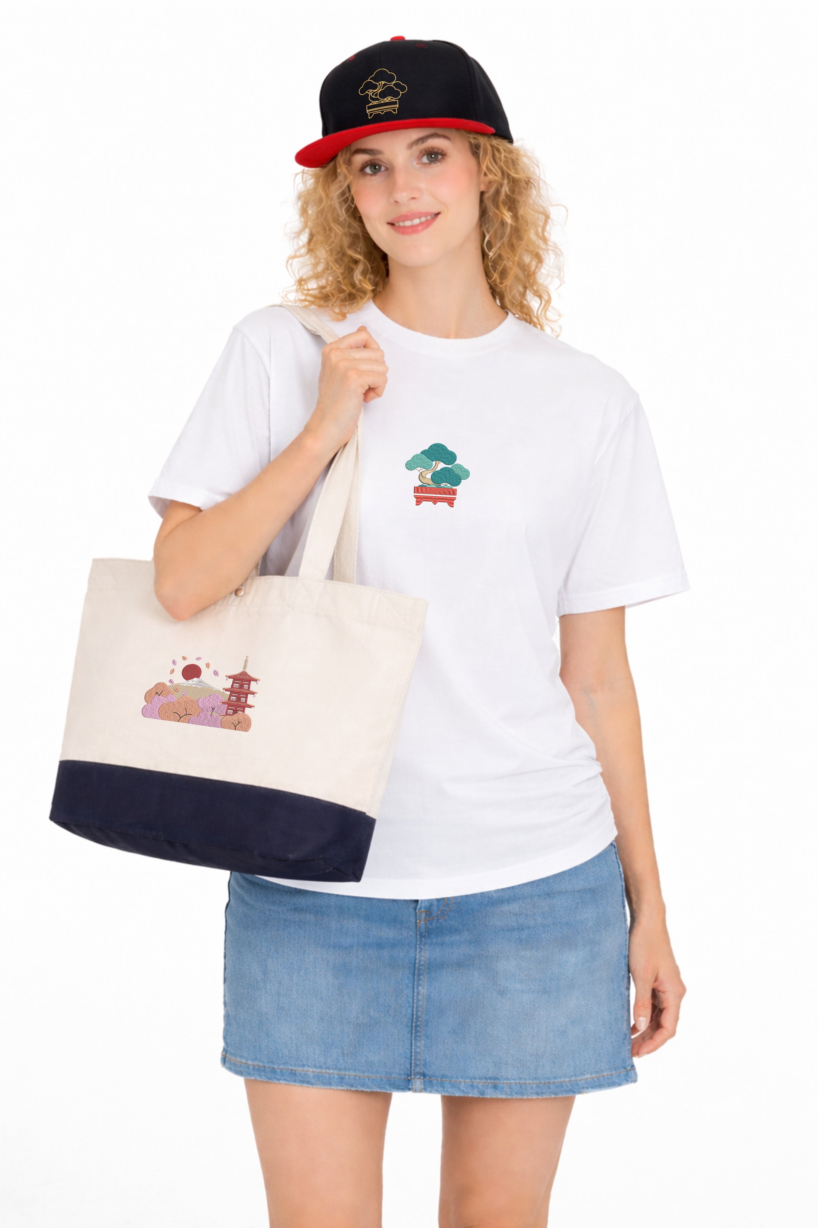 Sustainable 17L two-tone tote bag featuring Andrew Joyce  Chureito Fuji Pagoda embroidered art. Eco-friendly wearable art and exclusive artist merchandise. 