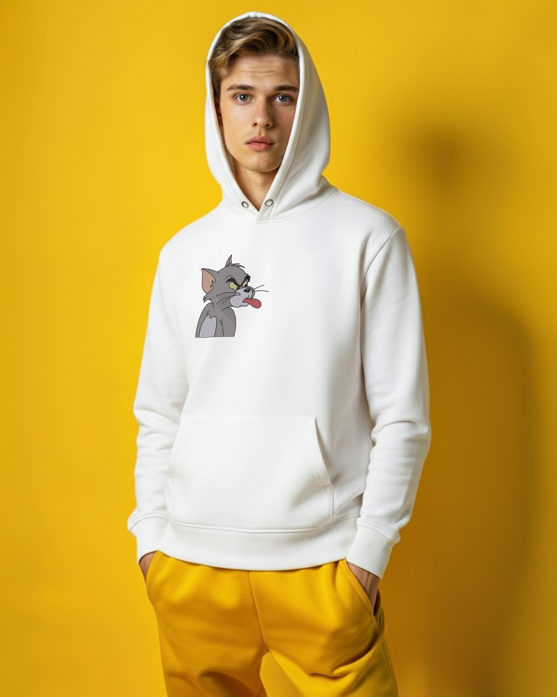 Person wearing a white hoodie with a graphic design on a yellow background