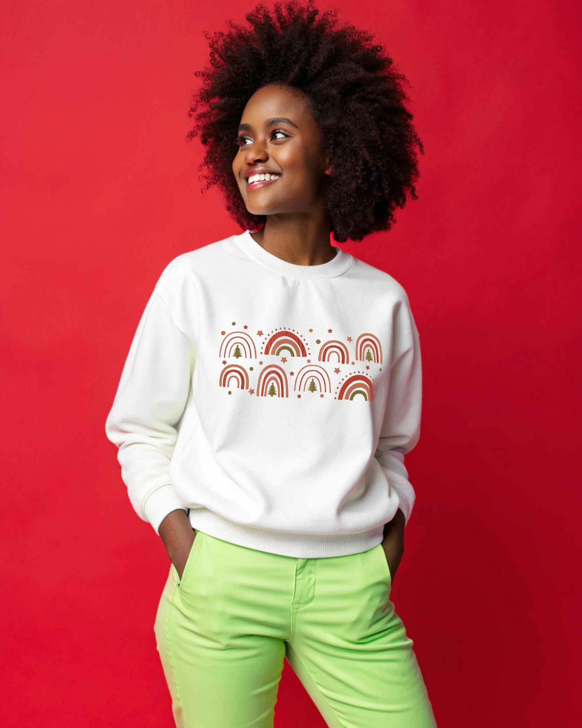 キュートなクリスマスホリデーボヘミアンレインボー刺繍パーカー | スウェットシャツ | Tシャツ