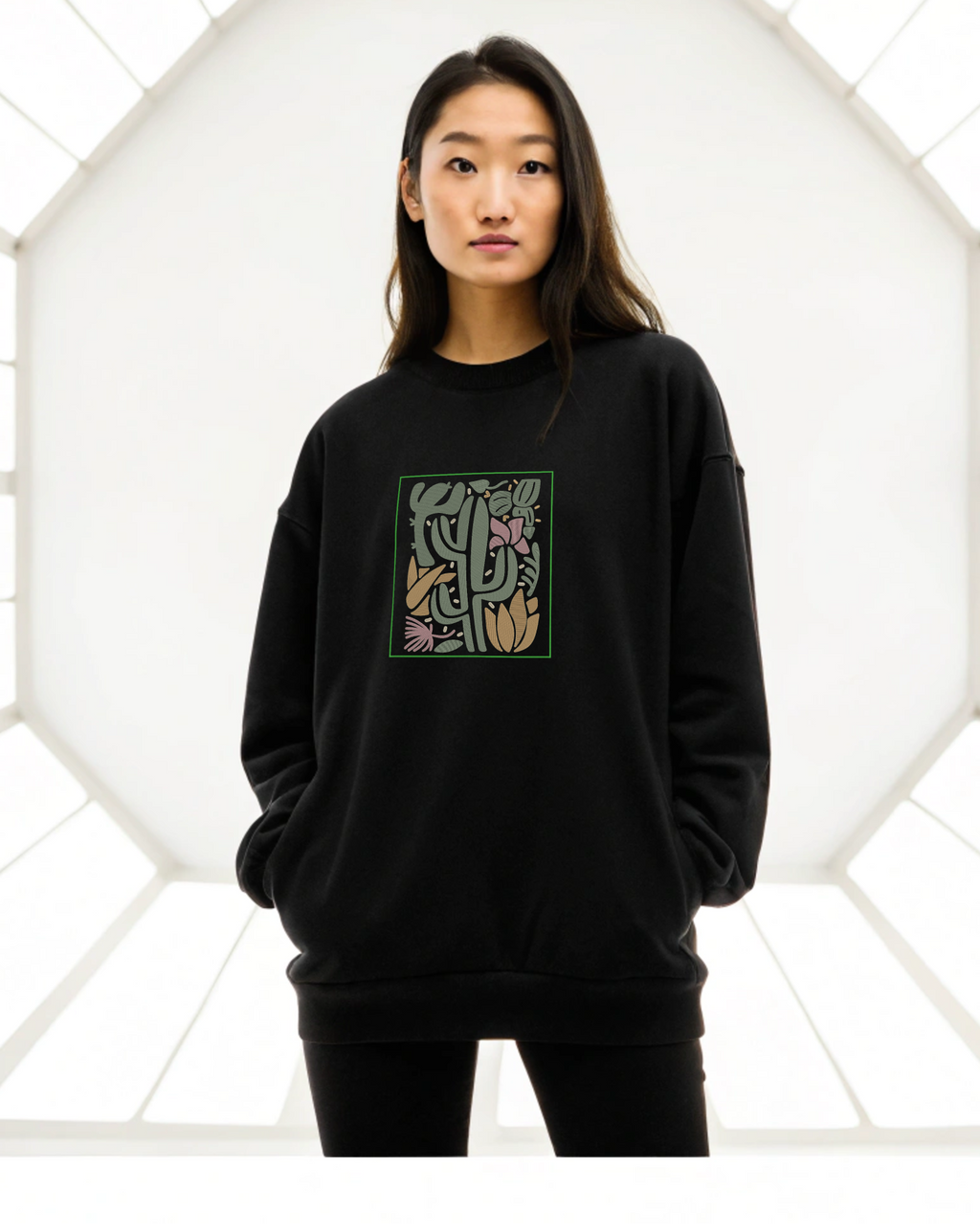 Sudadera con capucha bordada con ilustración floral de cactus del desierto | Sudadera