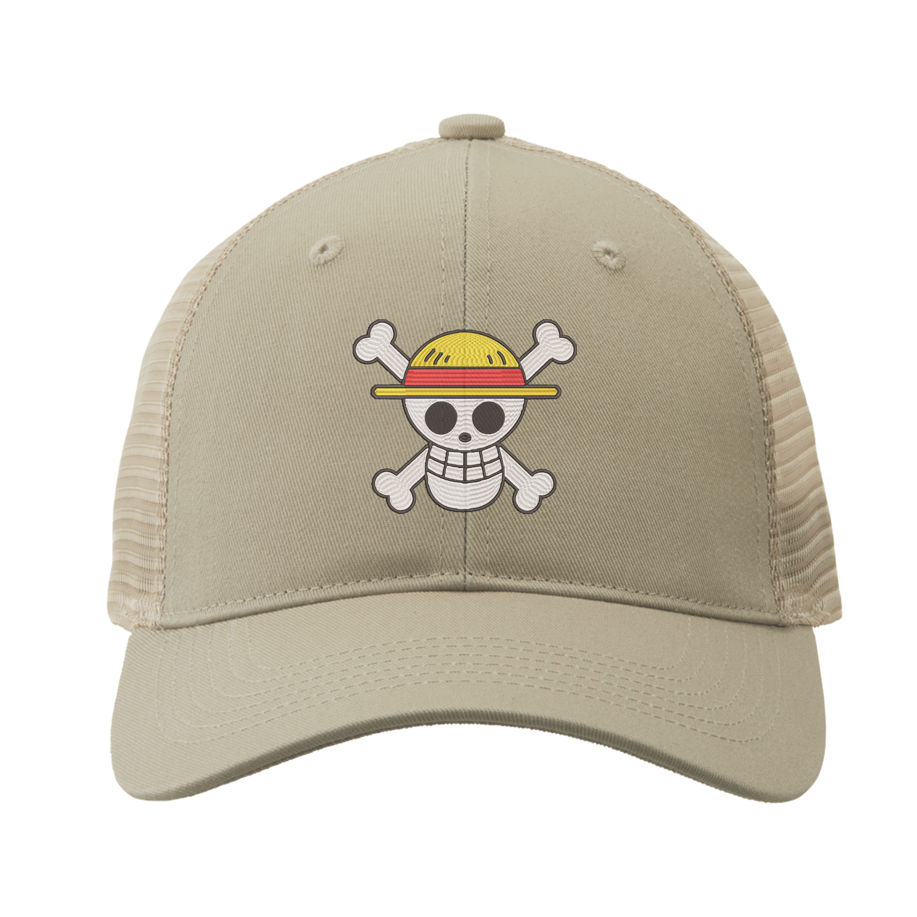One Piece Straw Pirate Hat Embroidered Cotton Twill Trucker Mesh Cap