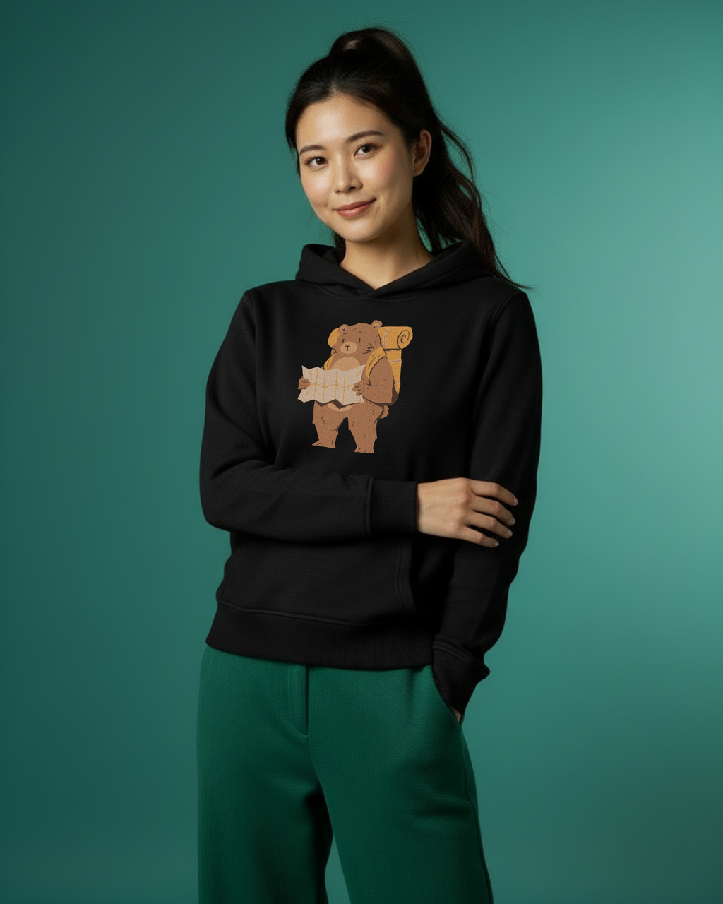 Nature Lover Bear Hiker Reading Map Embroidery Hoodie | Sweatshirt | T-shirt