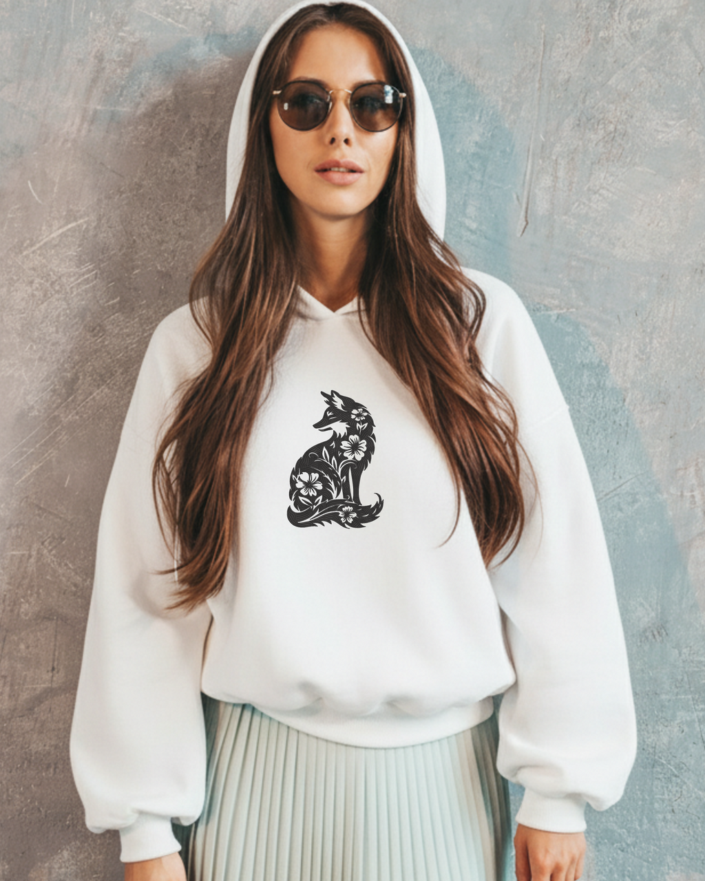 Floral Fox Botanical Silhouette with Flowers Embroidery Hoodie | Sweatshirt