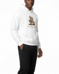 Person wearing a white hoodie with the thinker embroidered and black pants on a white background