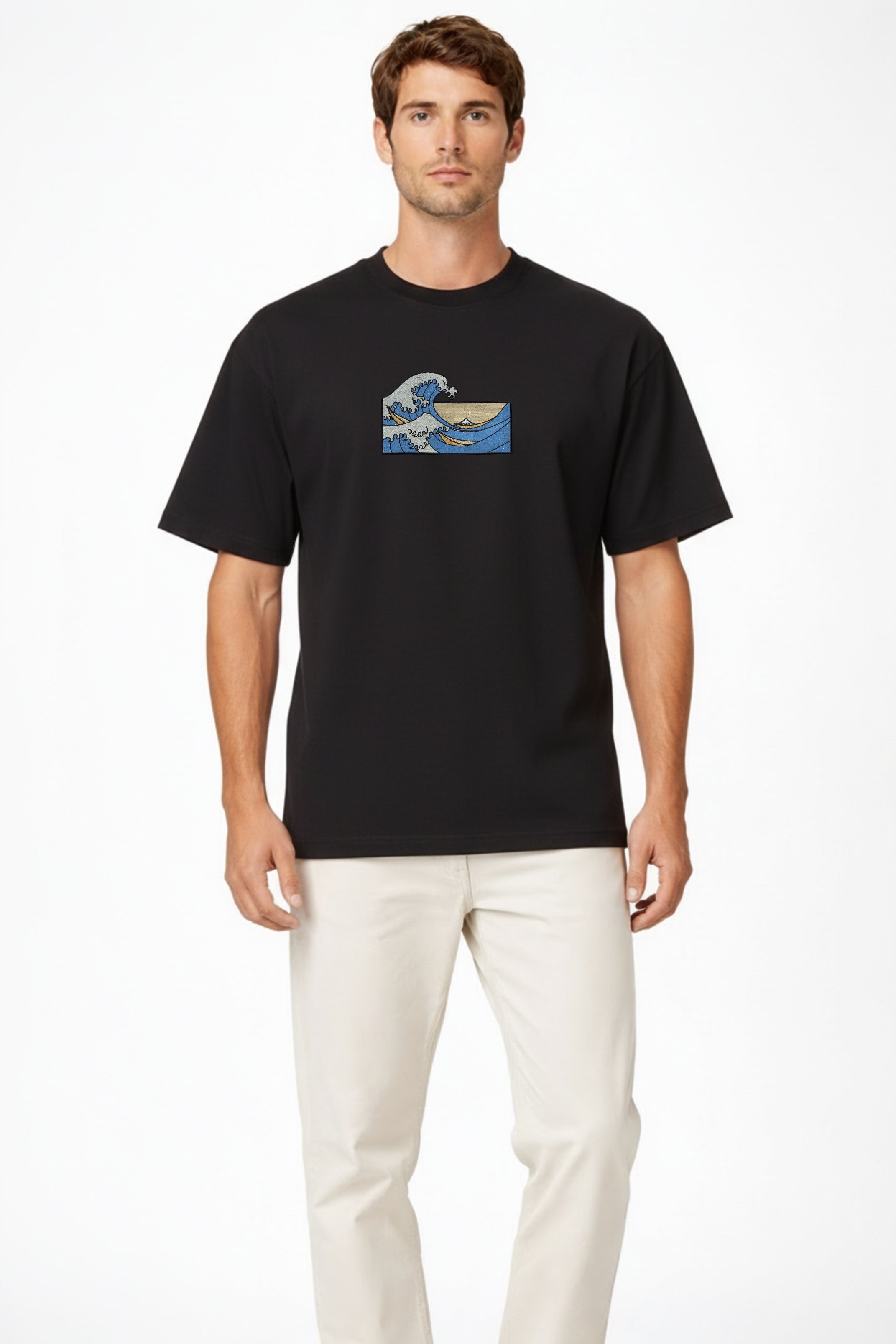 The Great Wave Off Kanagawa Hokusai Premium Cotton Heavyweight Embroidered T shirt