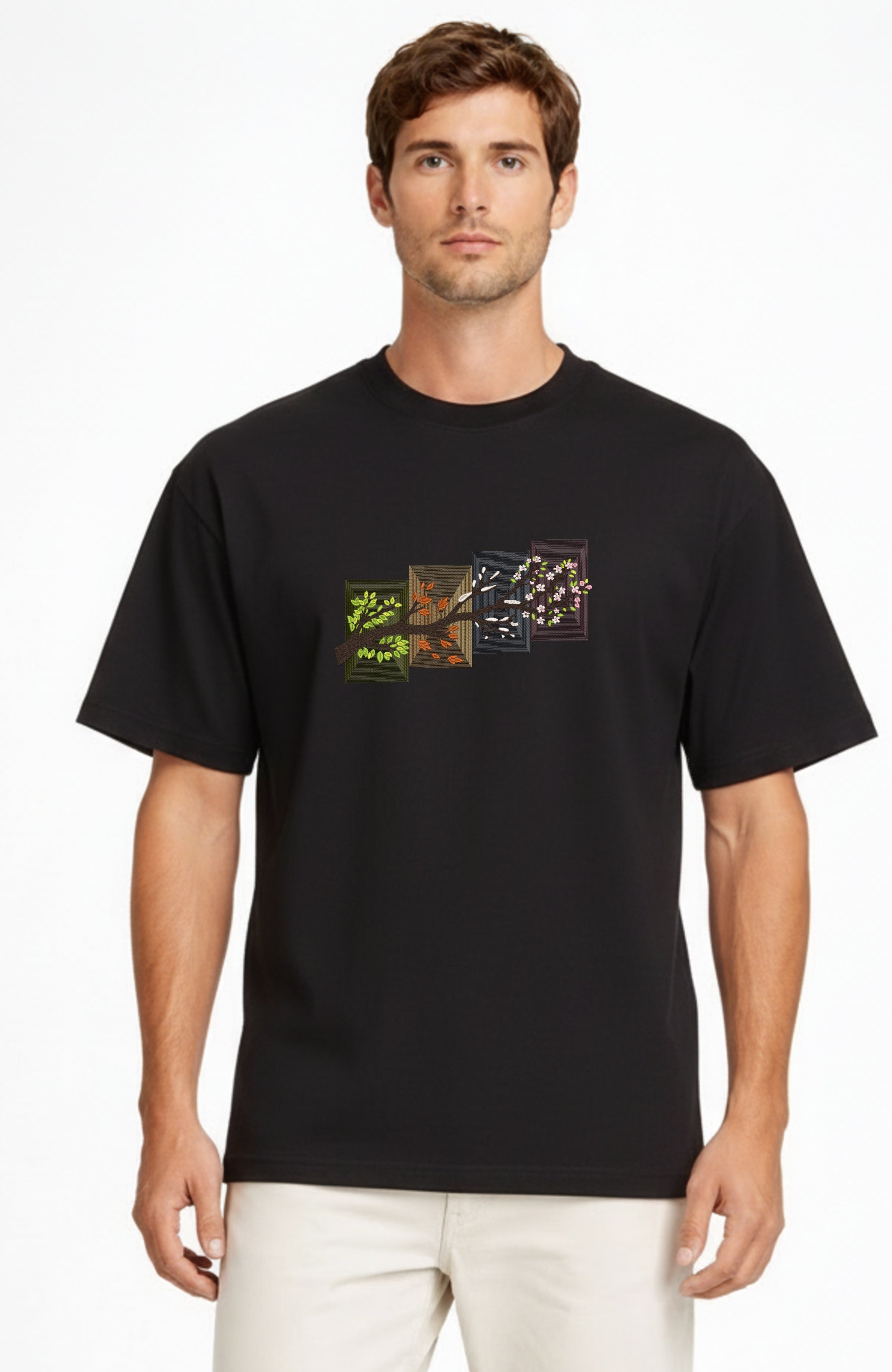 Embroidered Four Seasons Tree Heavyweight Cotton T shirt