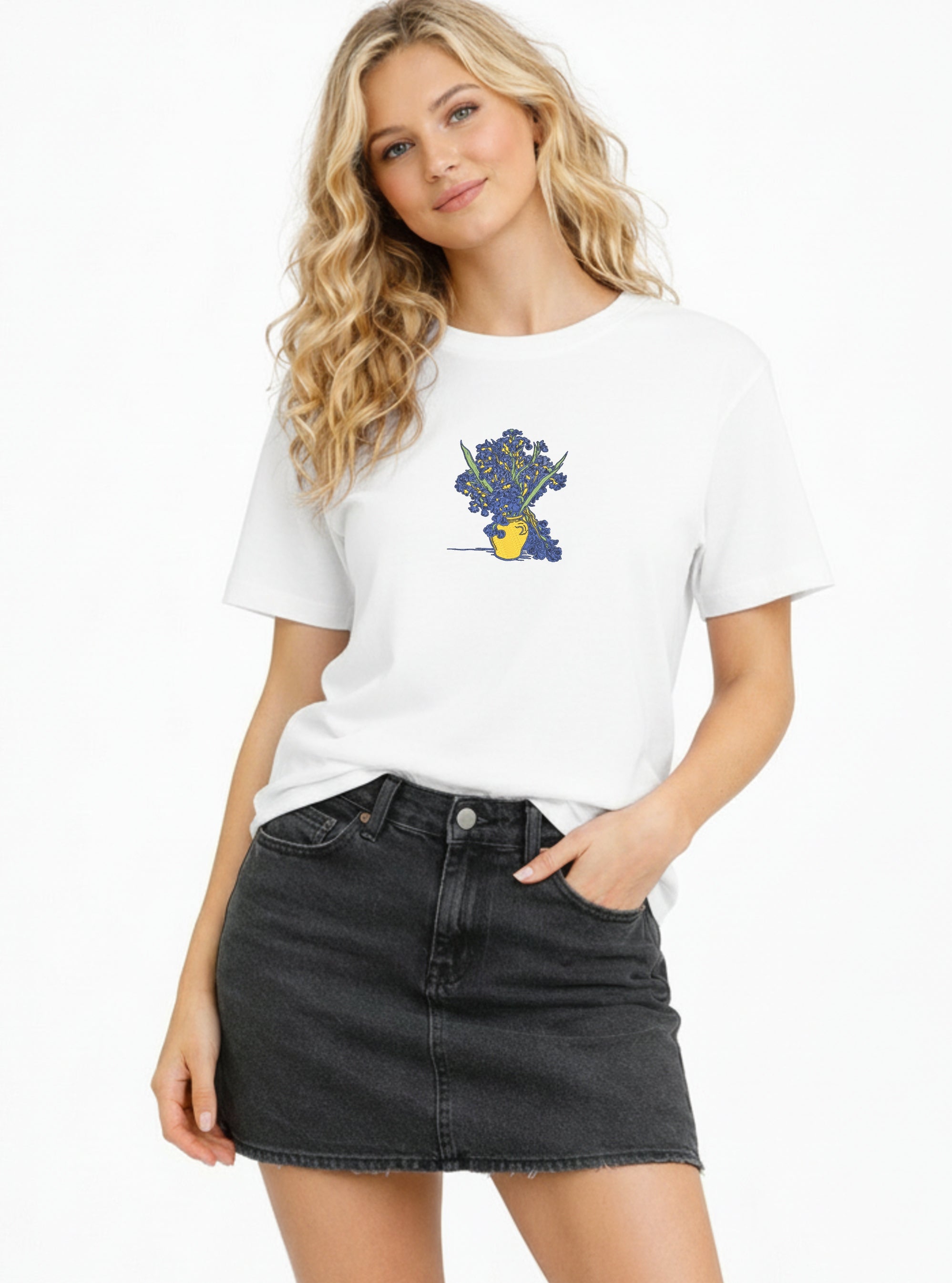 Embroidered Vincent Van Gogh Iris vase Premium Cotton Heavyweight T shirt