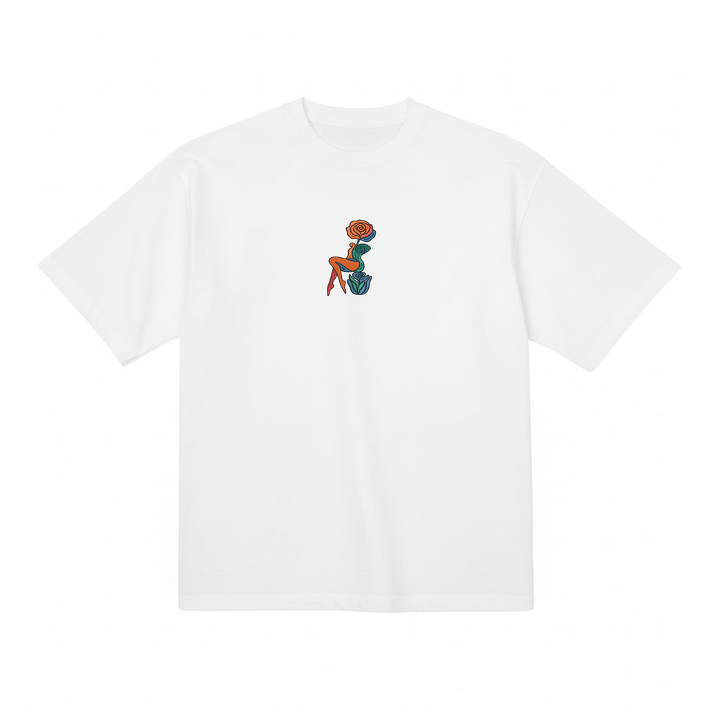 Abstract Rose Lady Mural Embroidered Premium Cotton T shirt | Spring Collection
