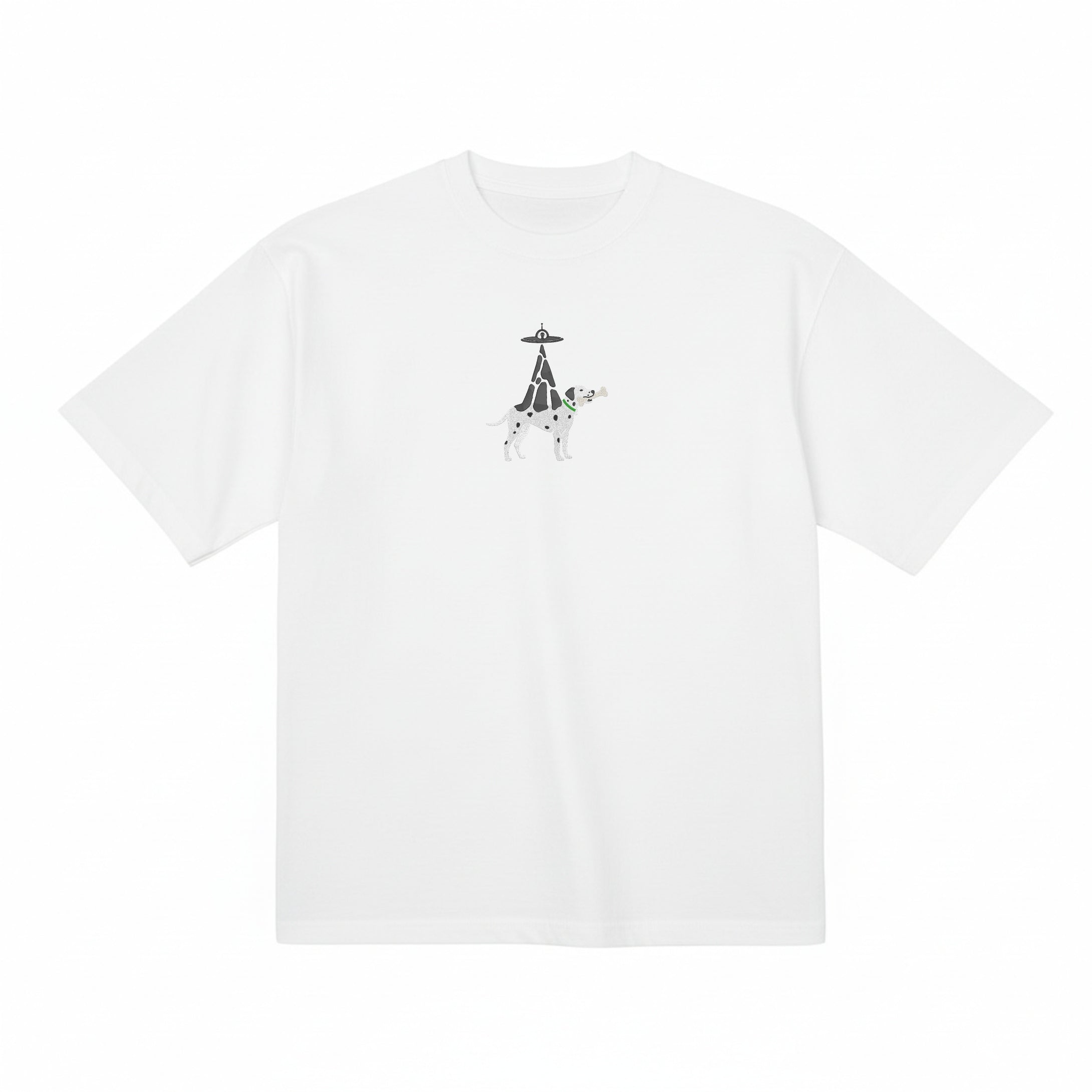 Camiseta de algodón premium bordada con un divertido perro dálmata extraterrestre