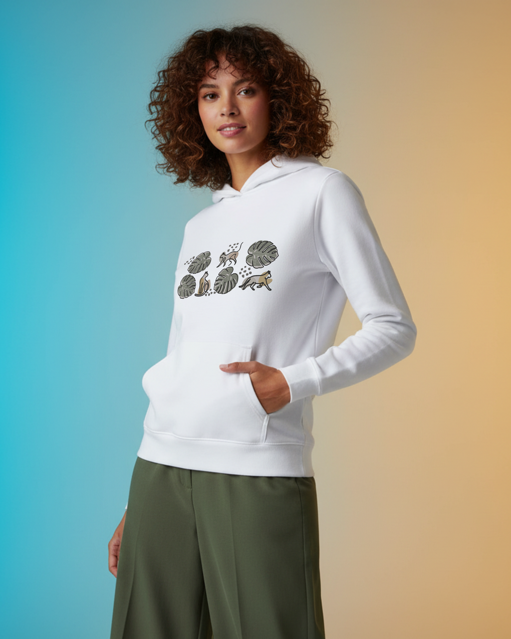 Boho Monstera Leaves with Playful Cats Embroidery Hoodie | Sweatshirt