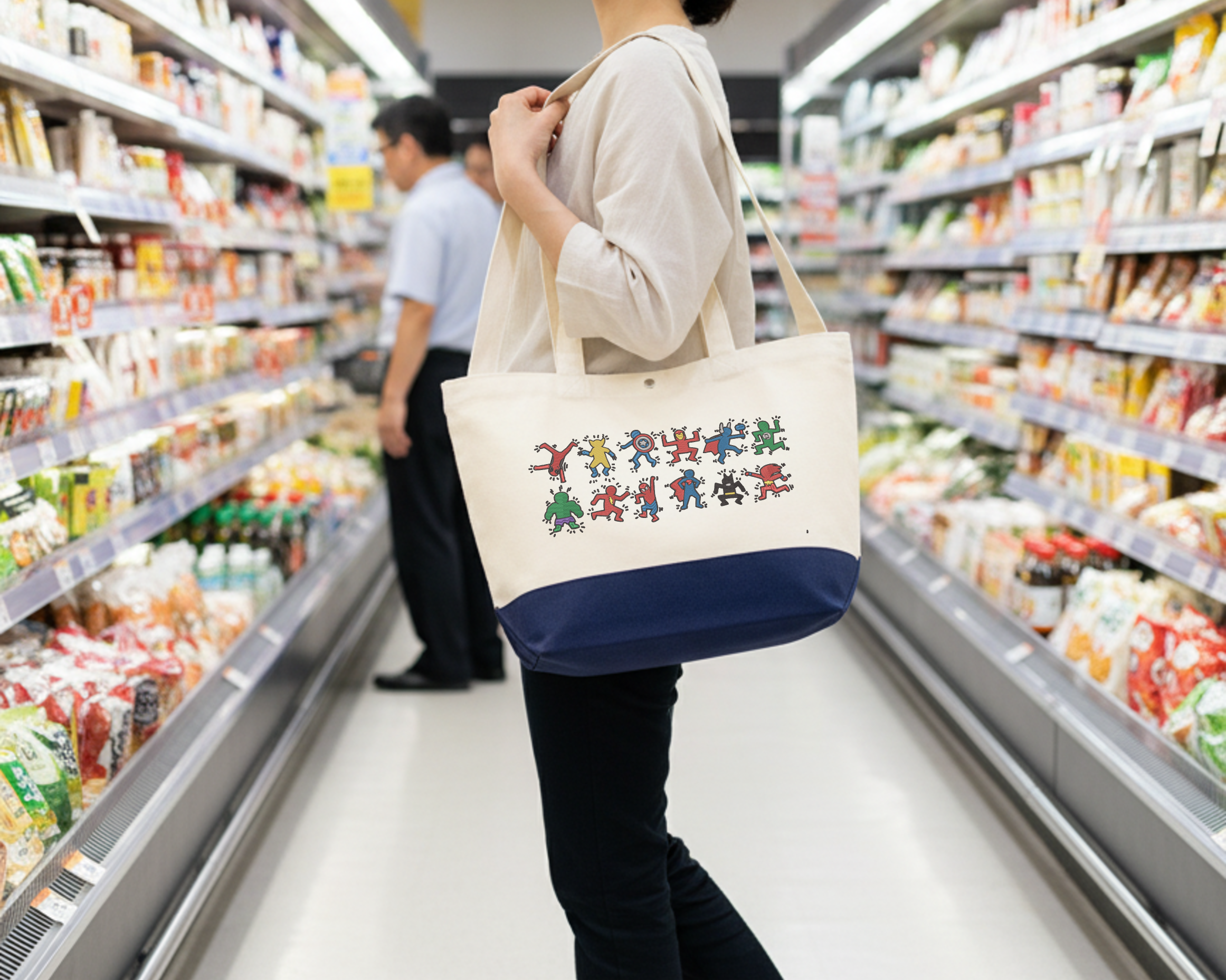 かわいい漫画のスーパーヒーローが踊る刺繍トートバッグ